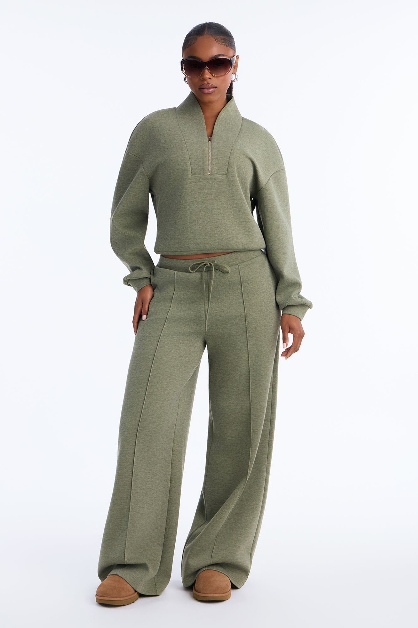Effortless Sleek Scuba Wide Leg Pant Set - Sage