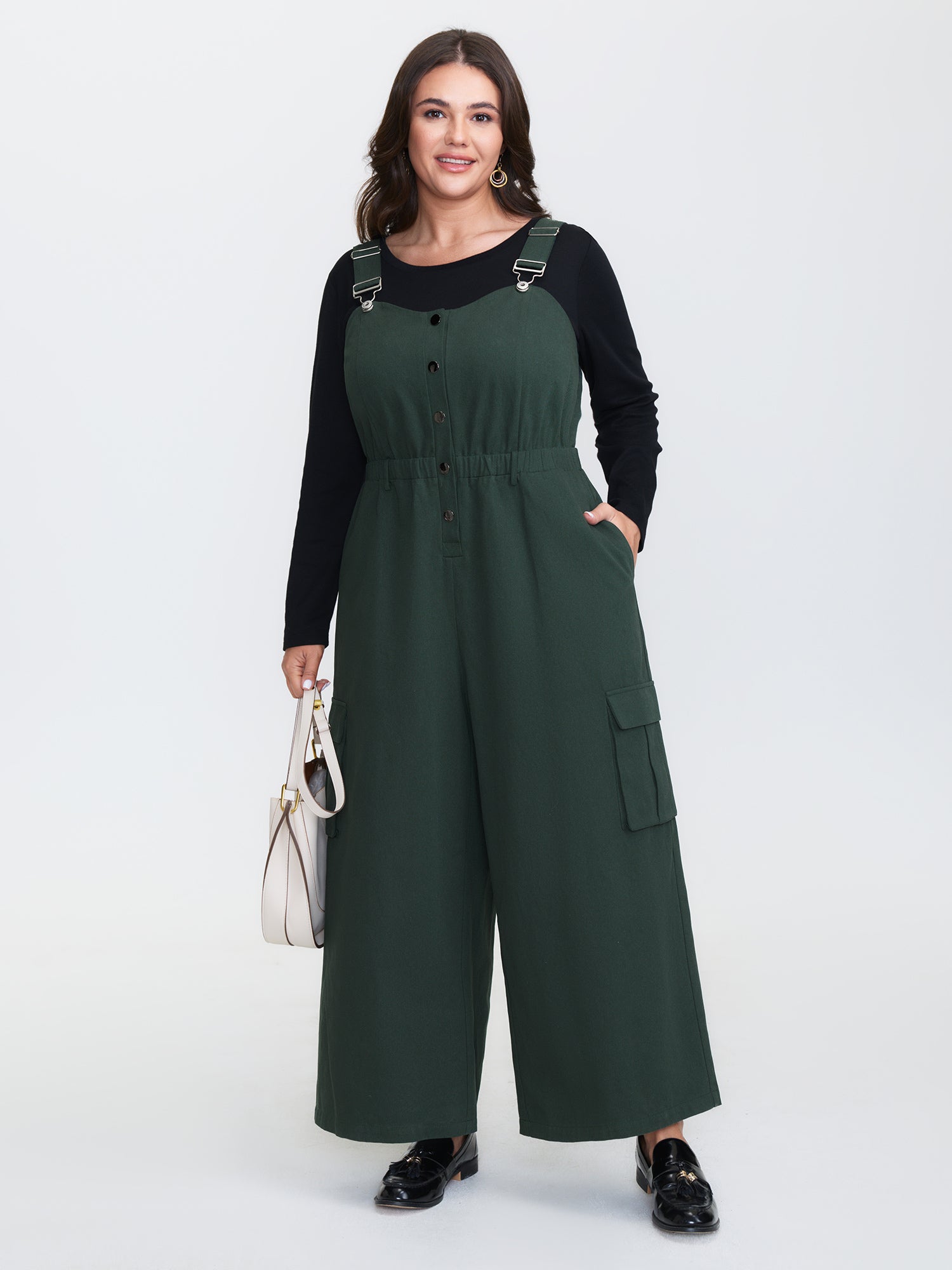 Adjustable Overall Shirred Wide-Leg Jumpsuit
