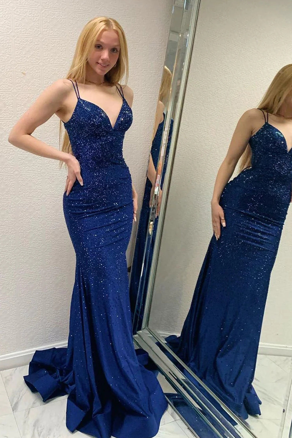 Long Navy Mermaid Prom Dress with Sparkly Beads and Backless Design