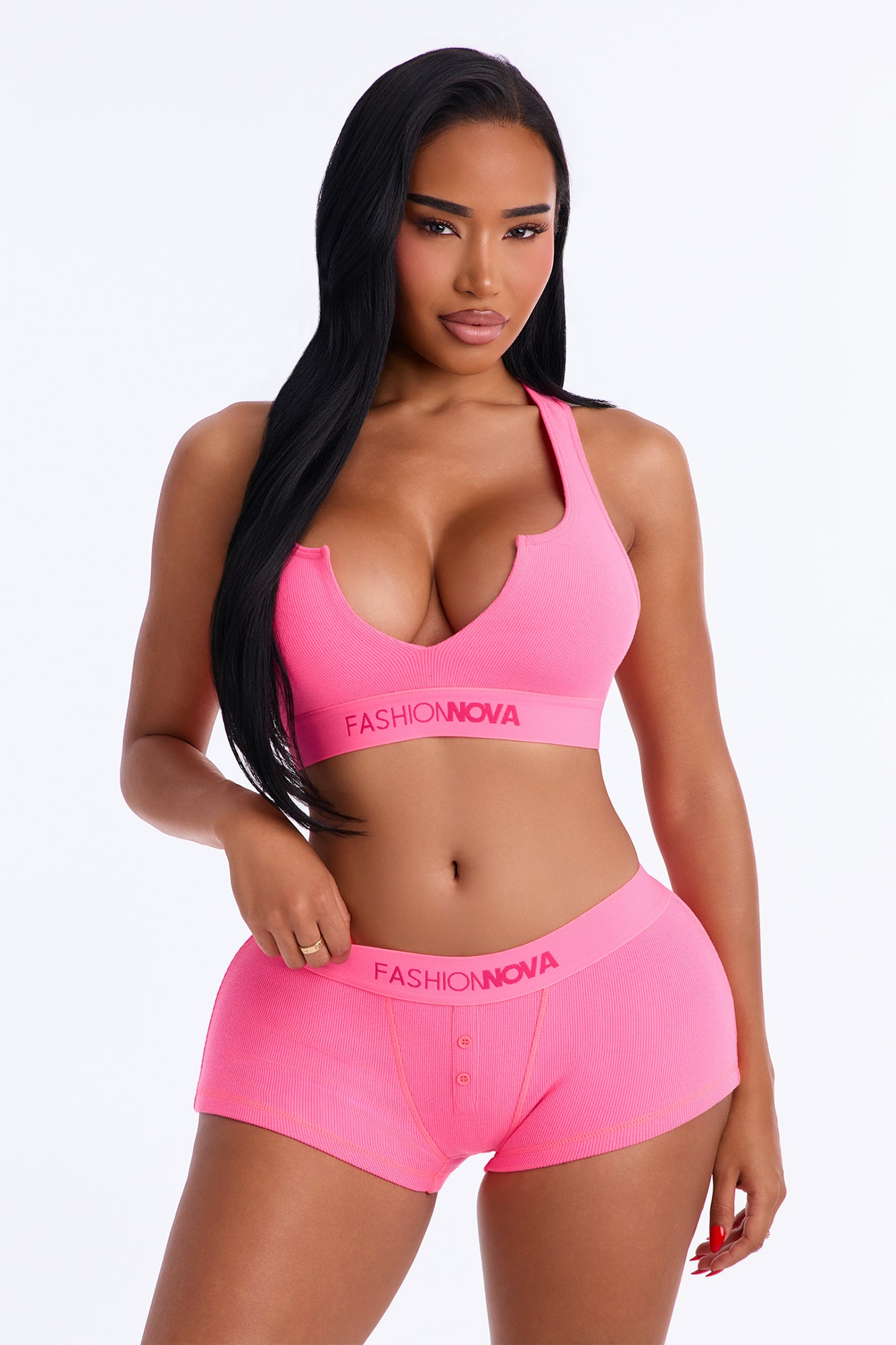 FN Mood Cotton Bralette Boxer Short Ribbed Set - Hot Pink