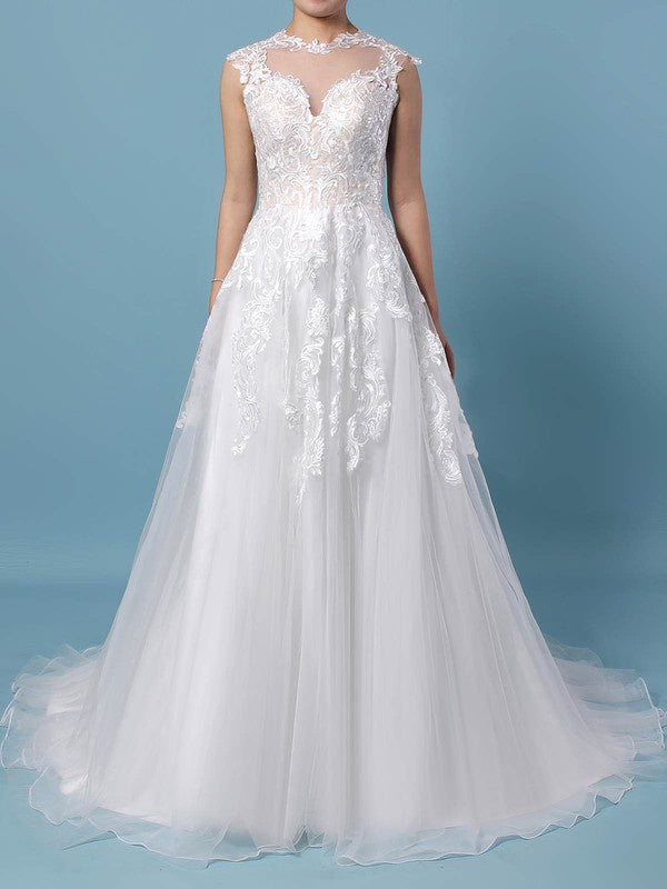 Elegant Sweep Train Jewel Sleeveless Lace Tulle Ball Gown Wedding Dresses with Appliques