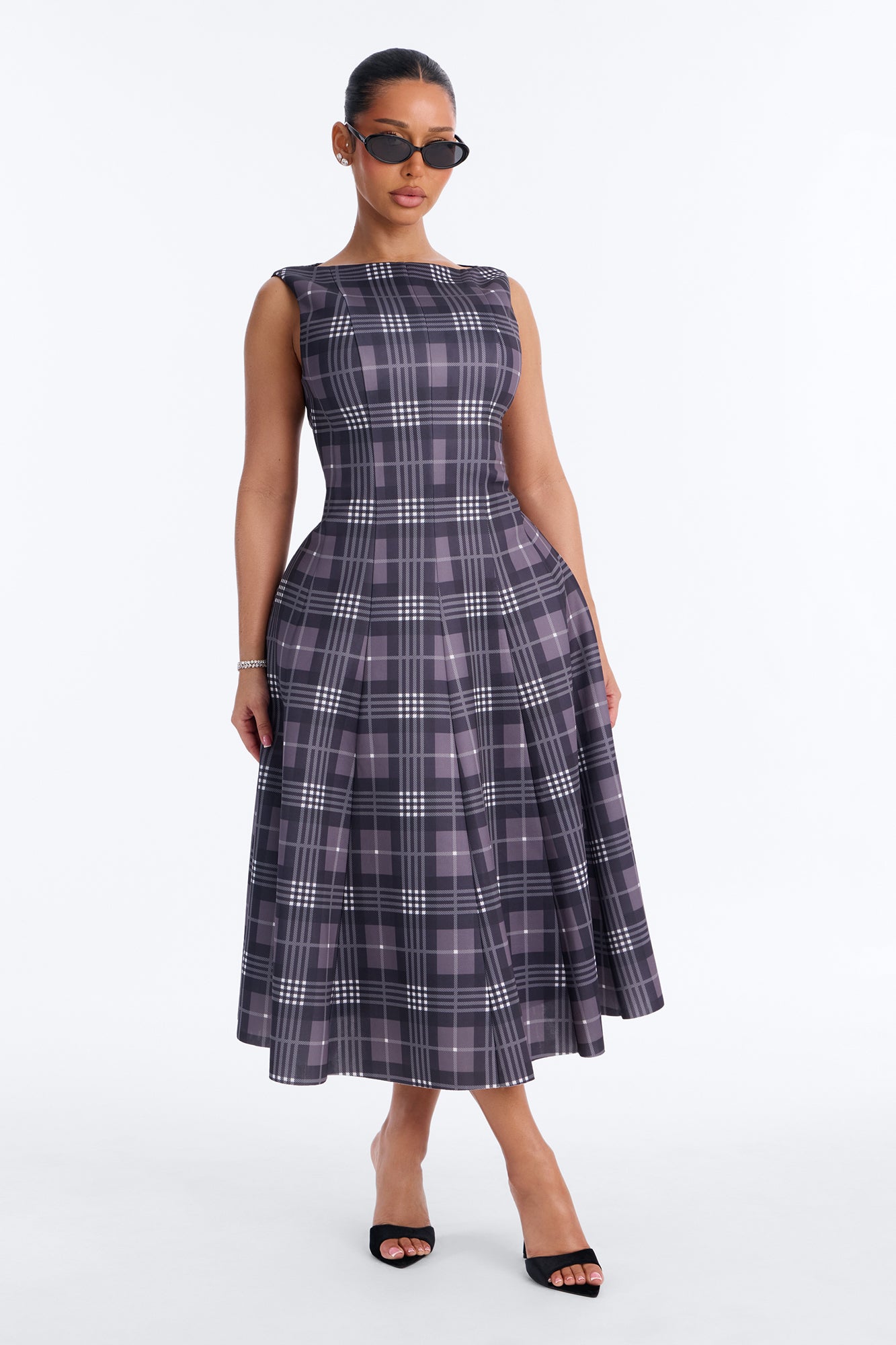 Sweet Sunday Pleated Plaid Midi Dress - Black/combo