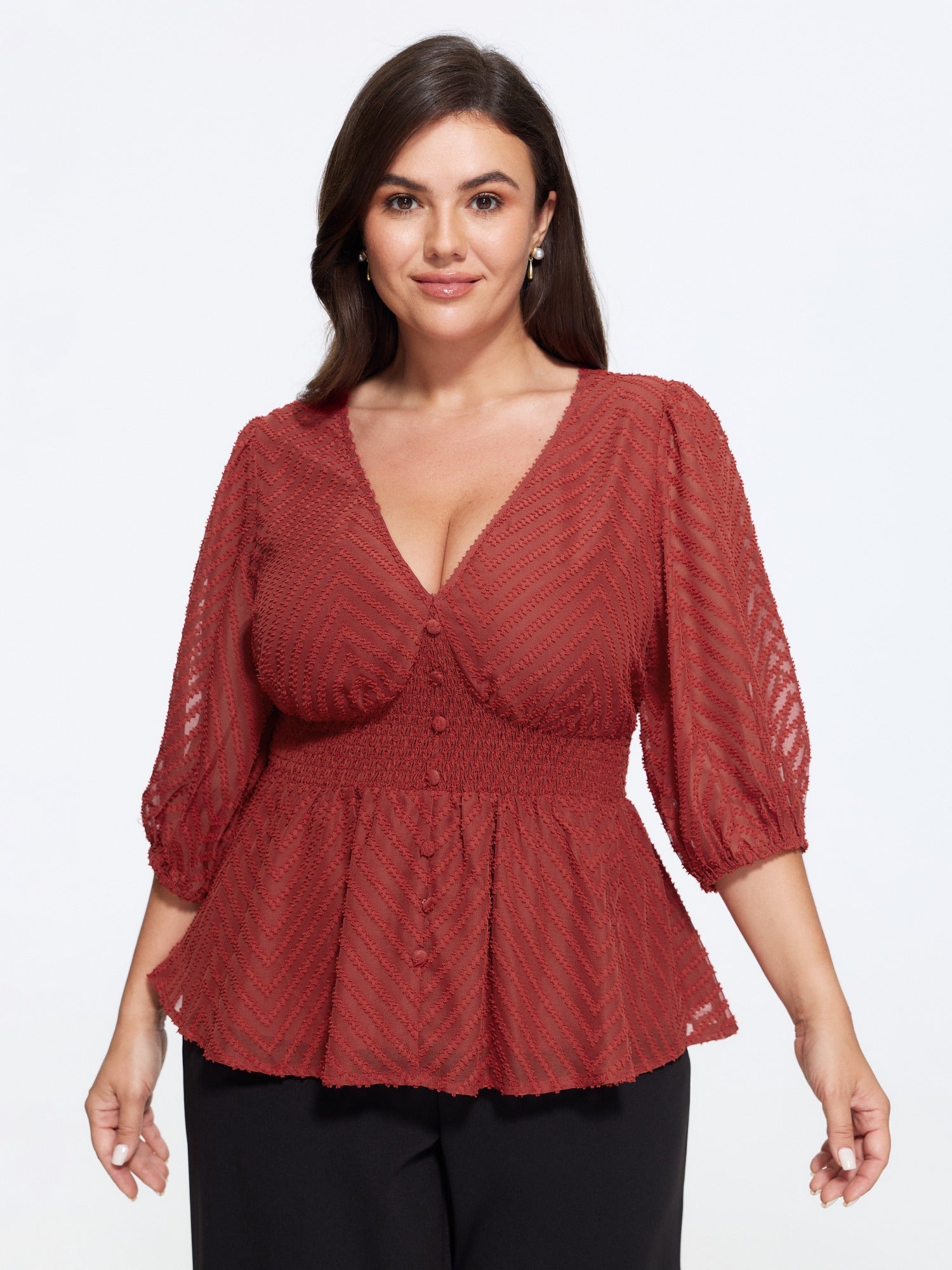 V Neck Textured Shirred Waist Button Front Blouse