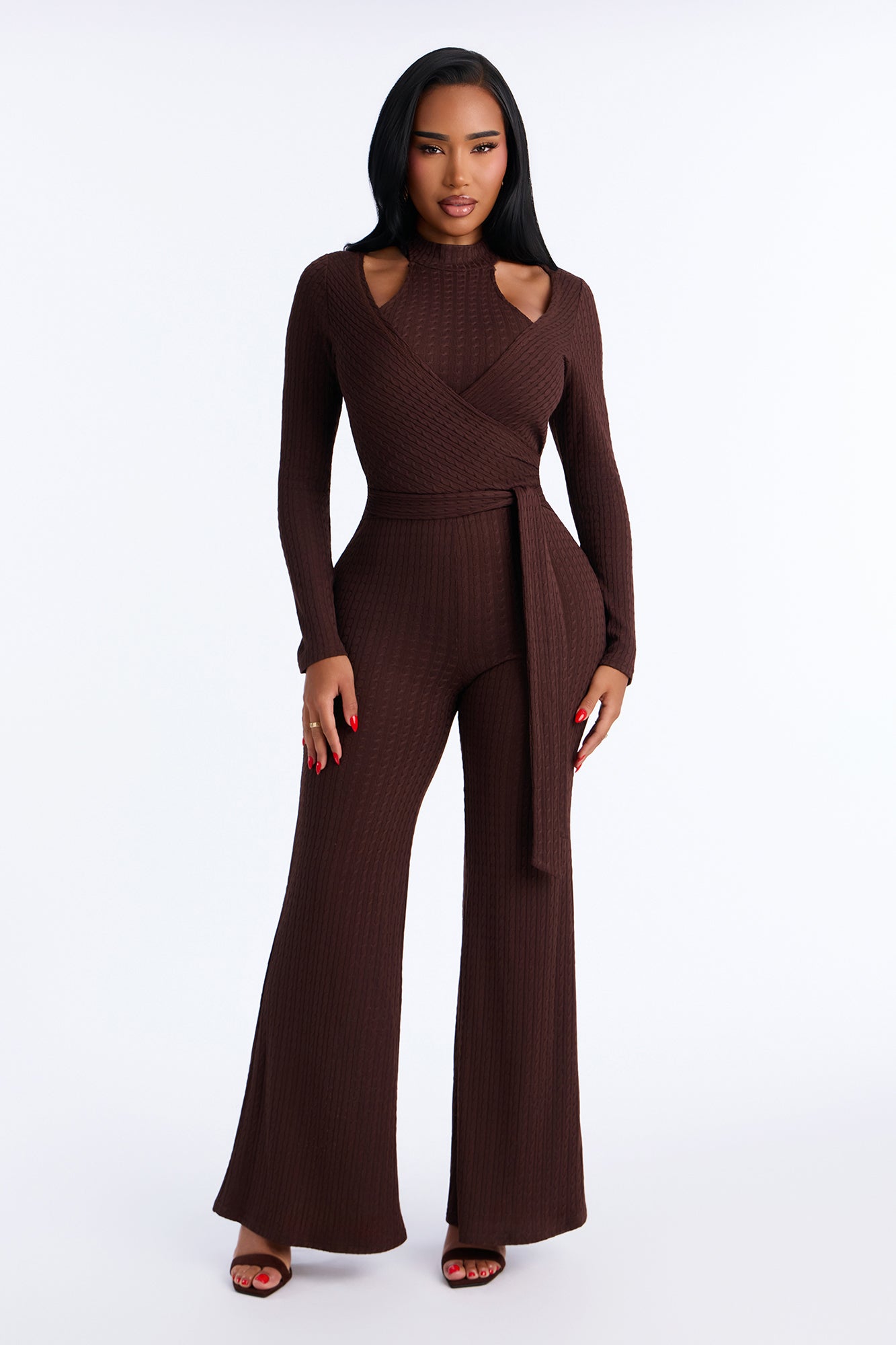 Francesca Sweater Front Tie Wrap Jumpsuit - Chocolate