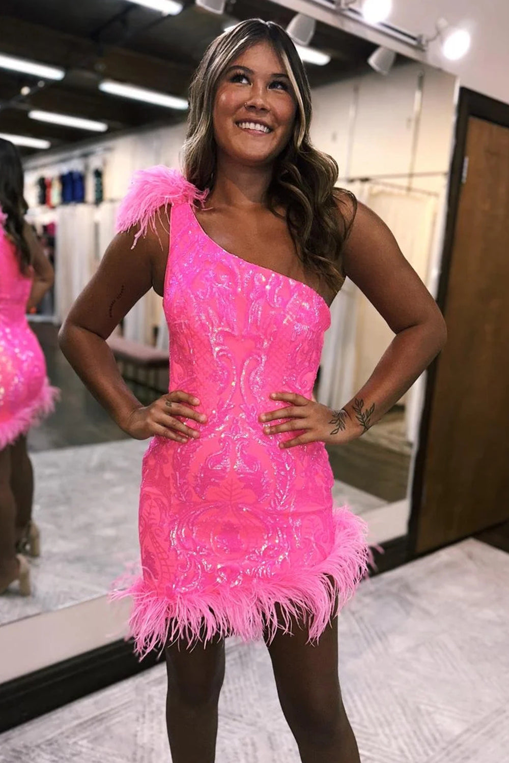 Sparkly Hot Pink Sequins Tight Short Homecoming Dress/Mini Dress With Feather
