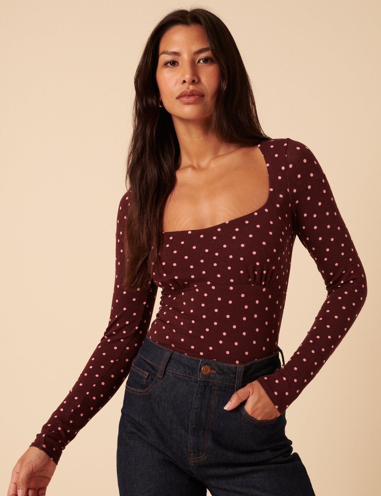 Burgundy Polka Dot Long Sleeve Top