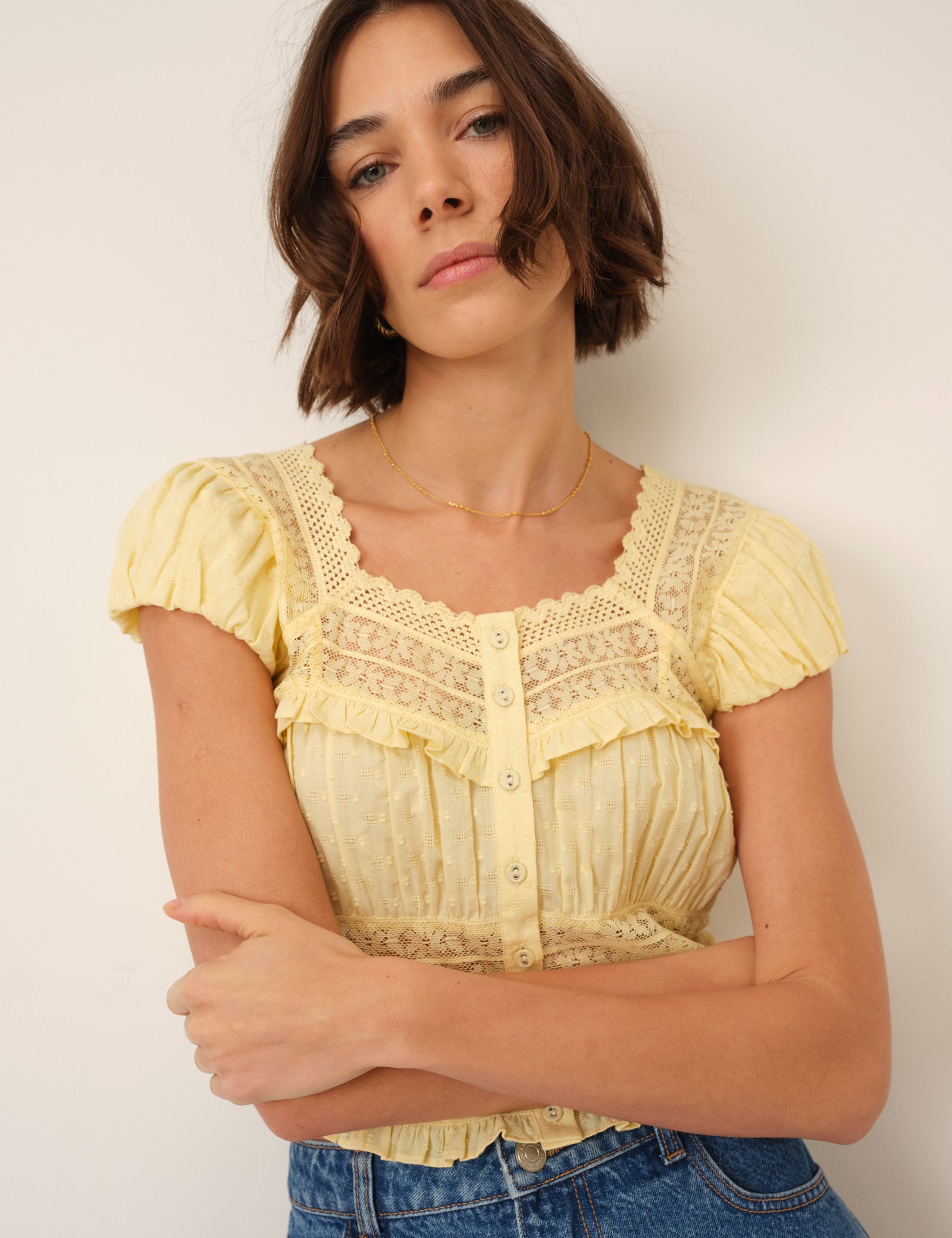 Yellow Lace Short Sleeve Top