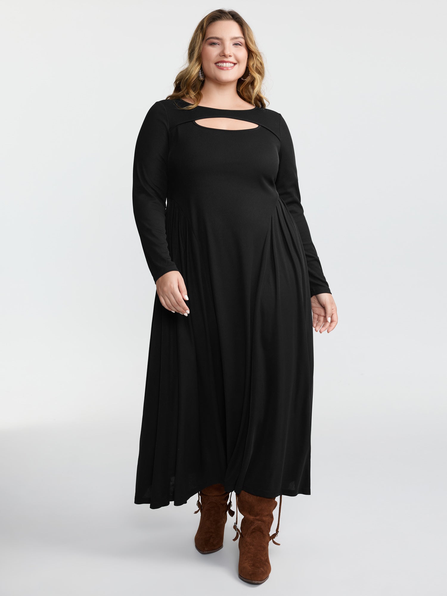 Ribbed Pleated Neck Cut-Out Knit Dress