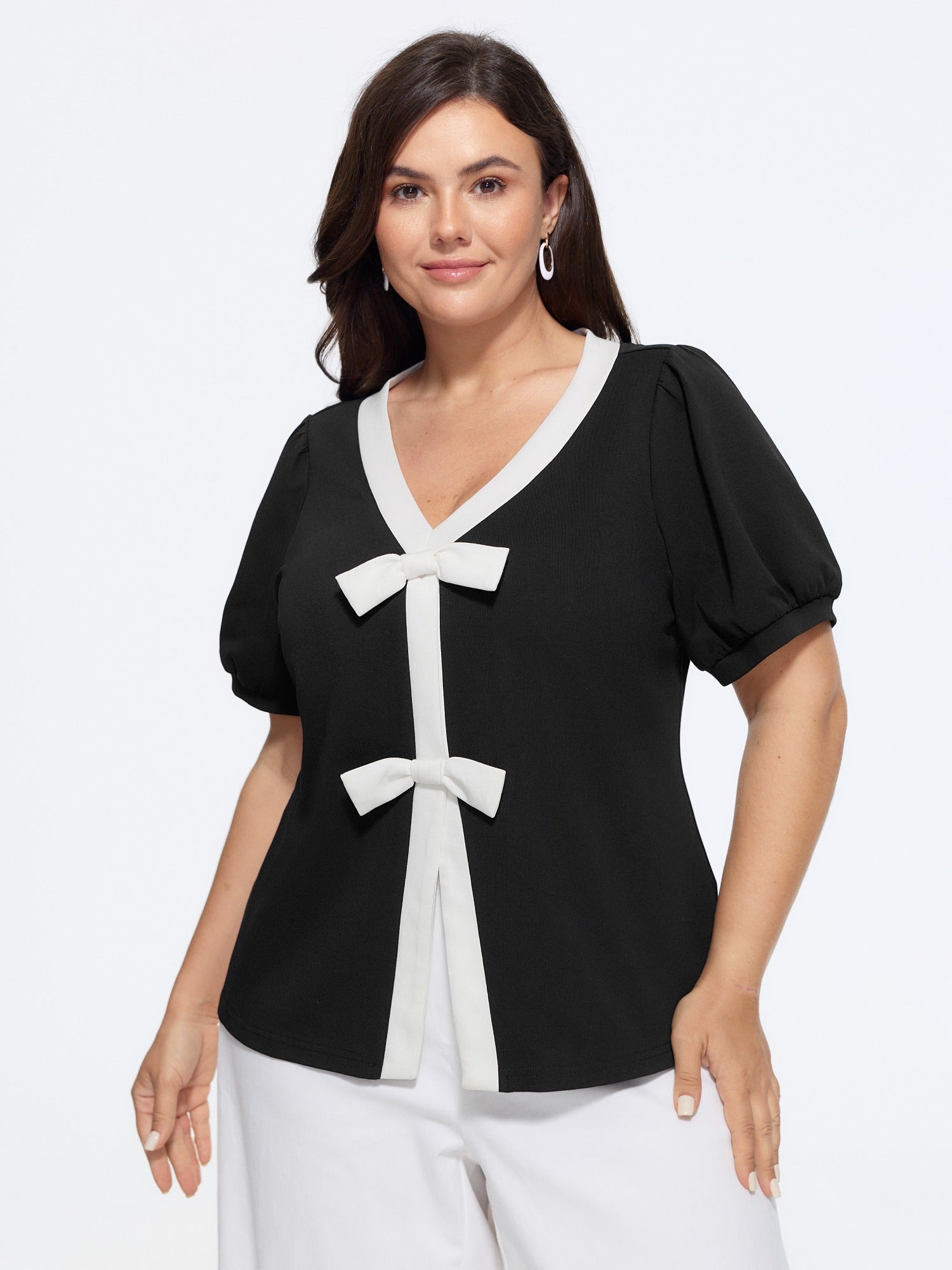 V Neck Double Bow Color Contrast T-Shirt