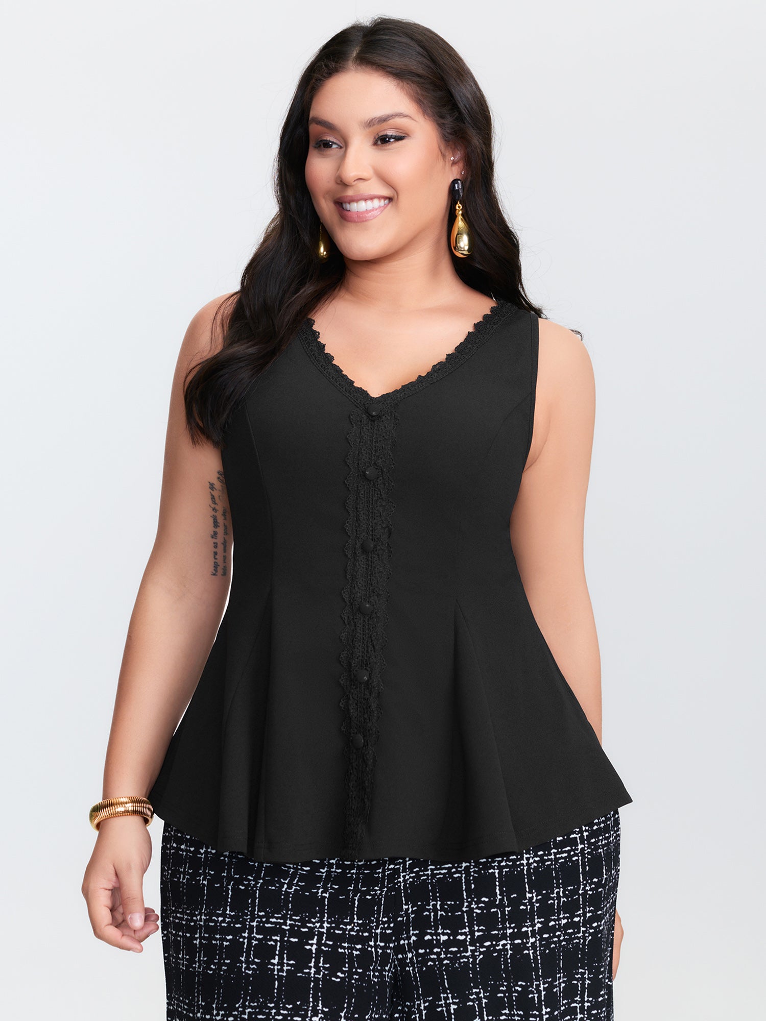 Lace Trim Cinched-Flared Tank Top