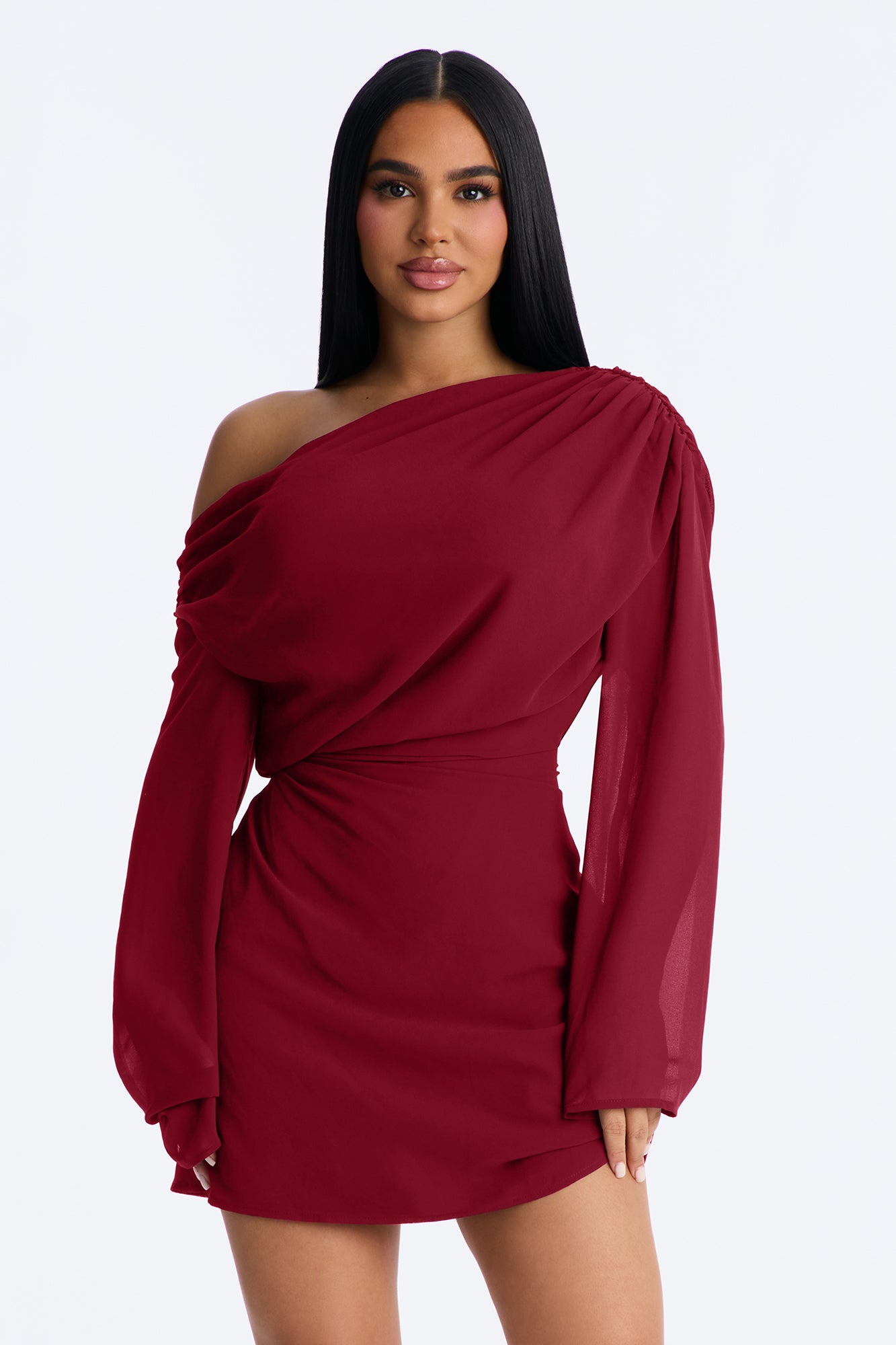 Kennedy Long Sleeve Chiffon Mini Dress - Red
