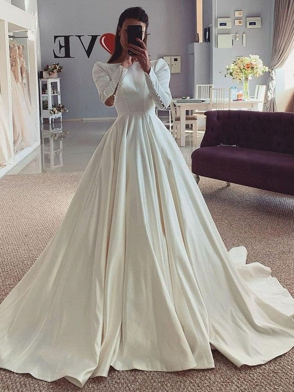 Fshionable A-Line Long Sleeves Satin Court Train Wedding Dresses with Buttons