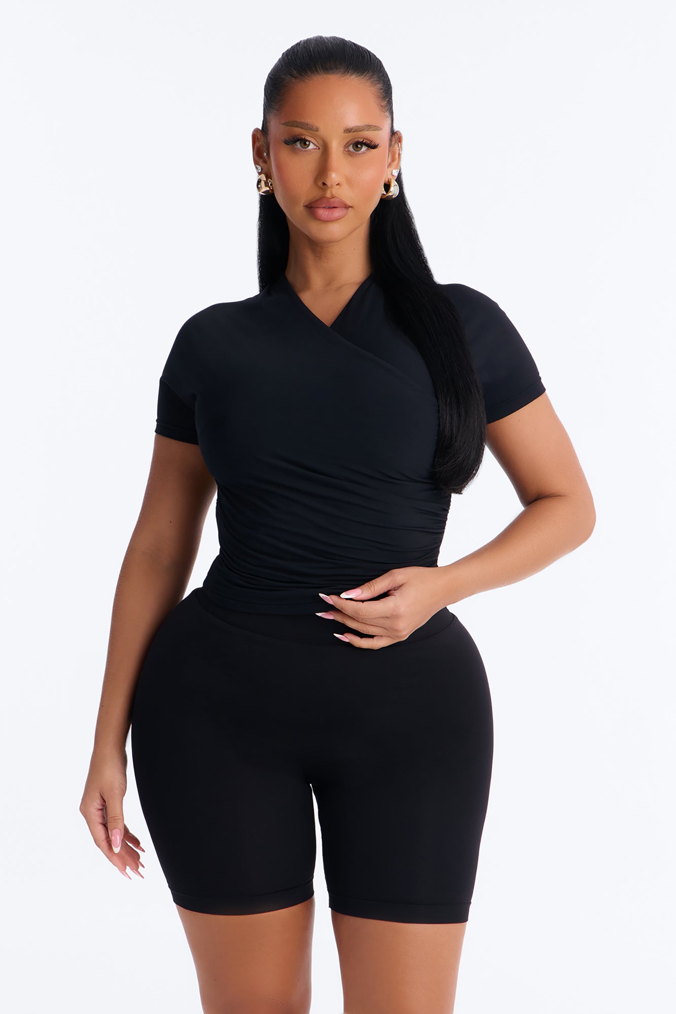 Second Skin Double Lined Cross Over Short Sleeve Top - Black