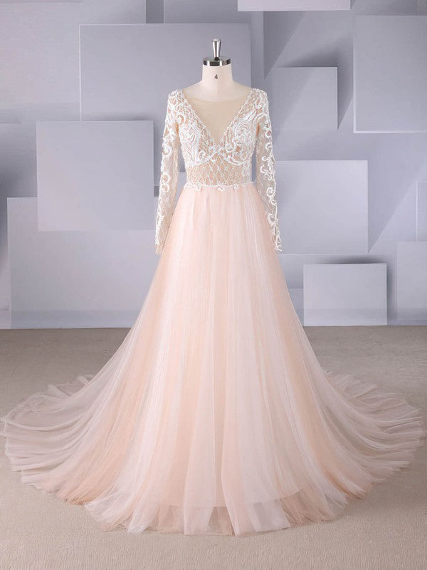 Exquisite Tulle Lace Long Sleeves Sweep Train A-Line Wedding Dresses