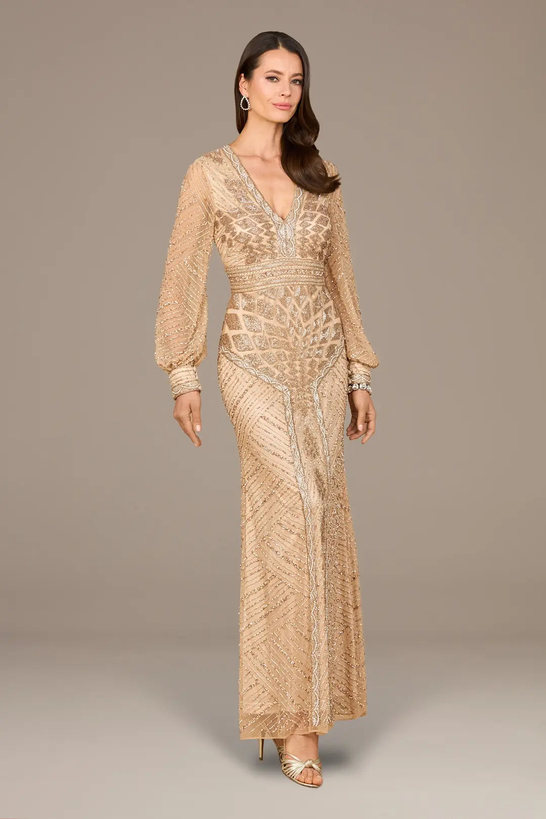 V Neck Beaded Long Sleeve Maxi Dress