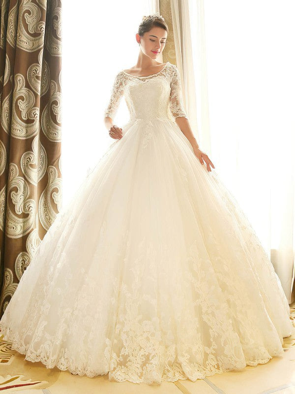 Stunning Lace Ball Gown 3/4 Long Sleeves Tulle Wedding Dresses