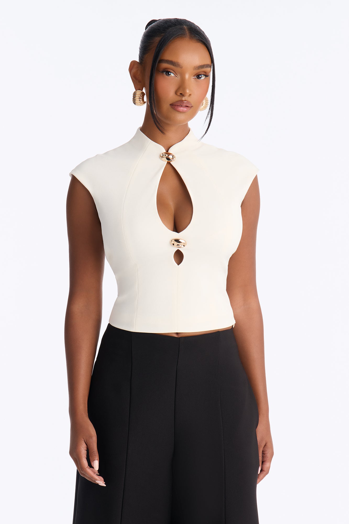 Isabella Mock Neck Crepe Knit Top - Off White