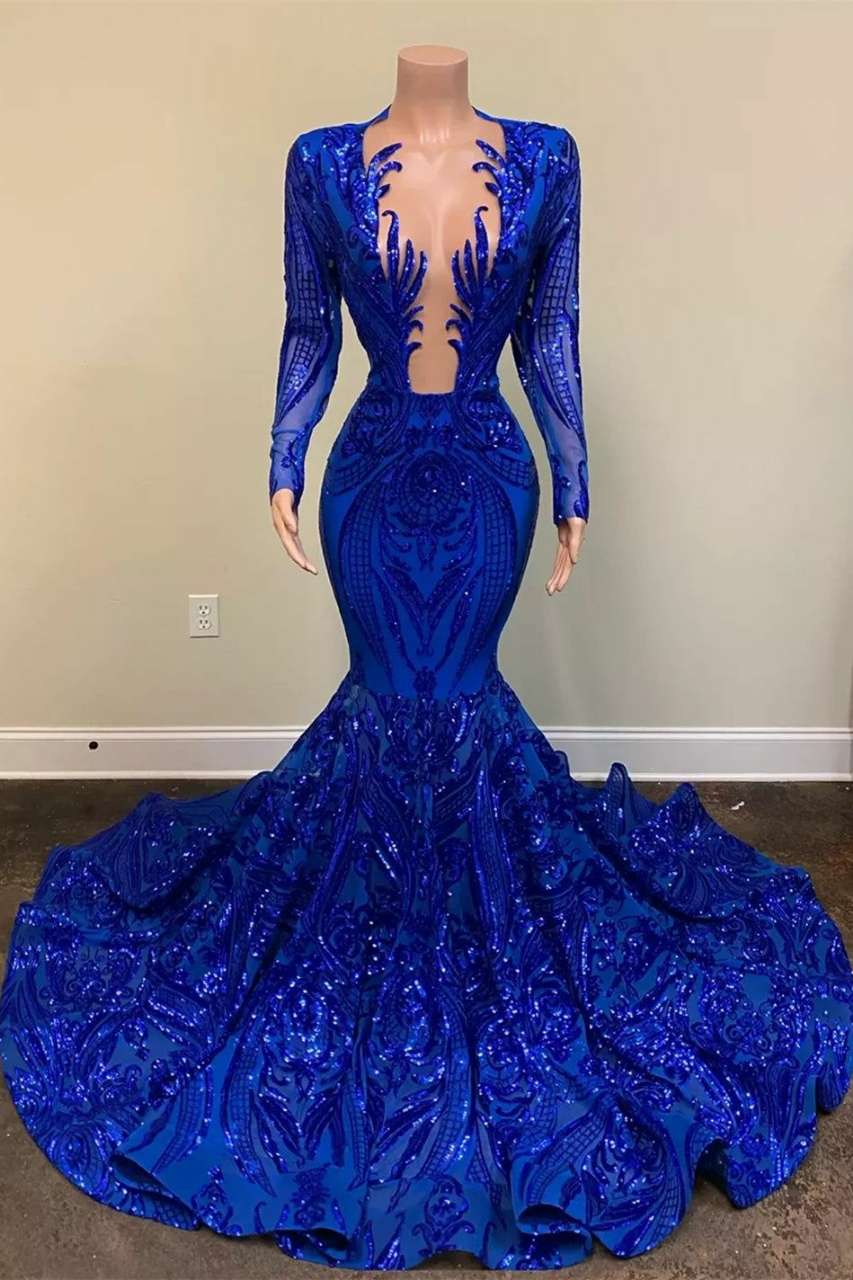 Elegant Royal Blue Long Sleeves Deep V Evening Dress