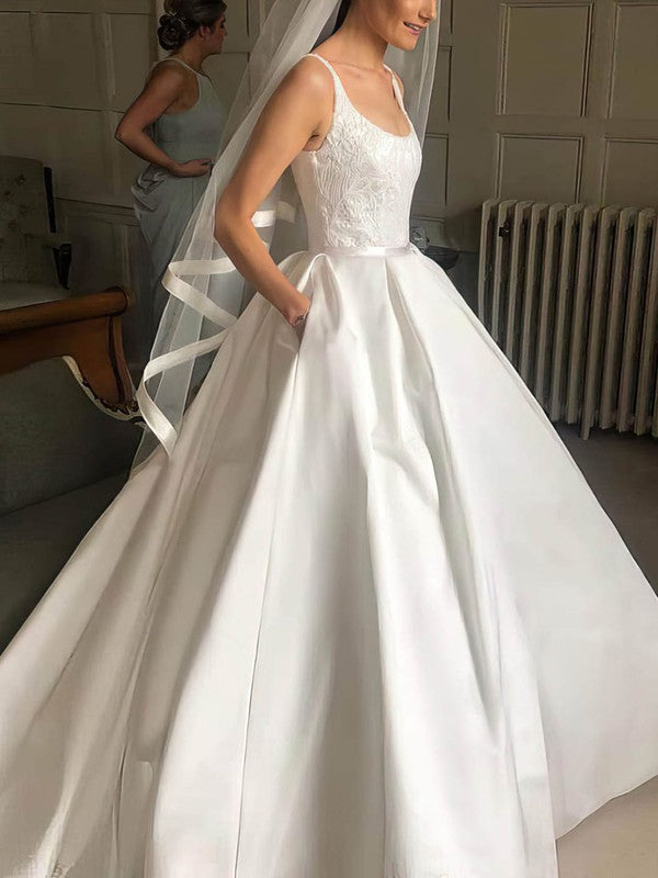 Deluxe Ball Gown Square Neck Sleeveless Satin Sweep Train Wedding Dresses with Pockets
