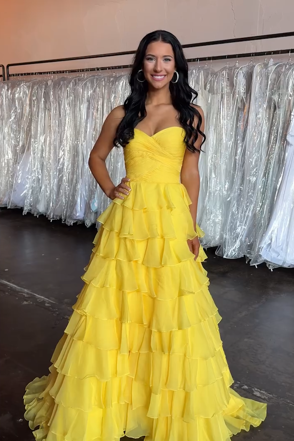 Long A-Line Prom Dress in Sweetheart Chiffon with Tiered Yellow Design