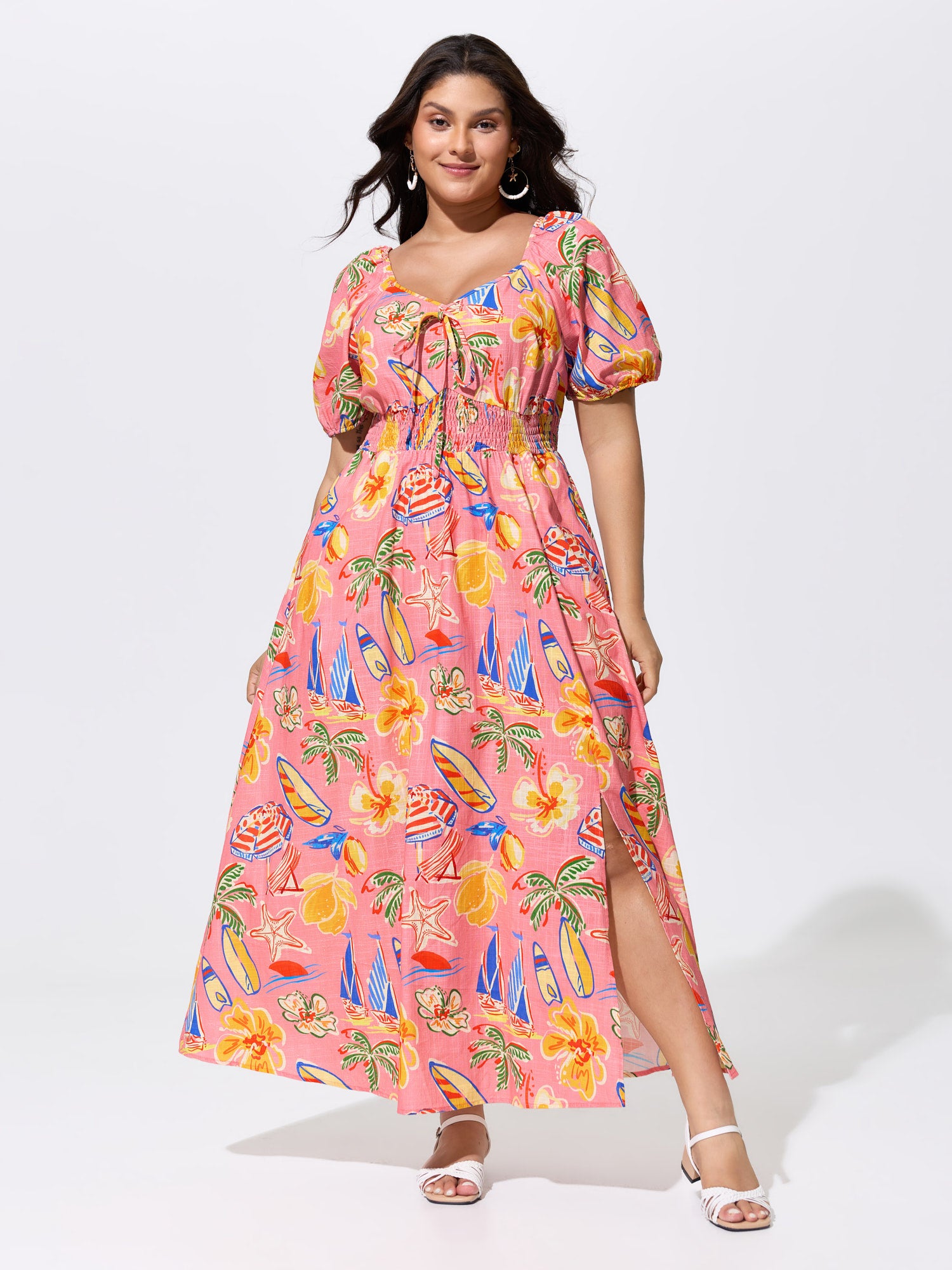 Tropical Vacation Print Shirred Waist Maxi Dress
