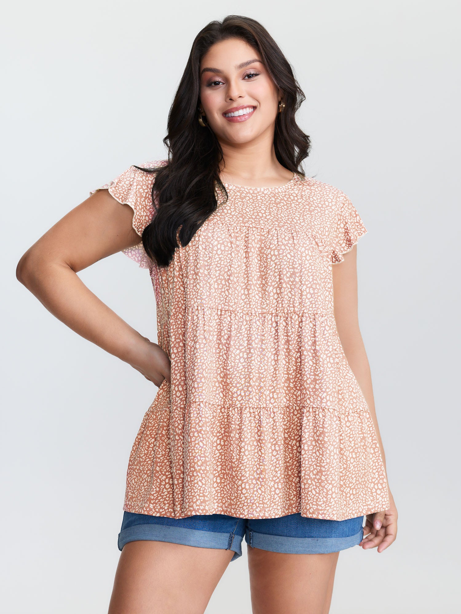 Leopard Print Tiered Flutter Sleeve Knit Top