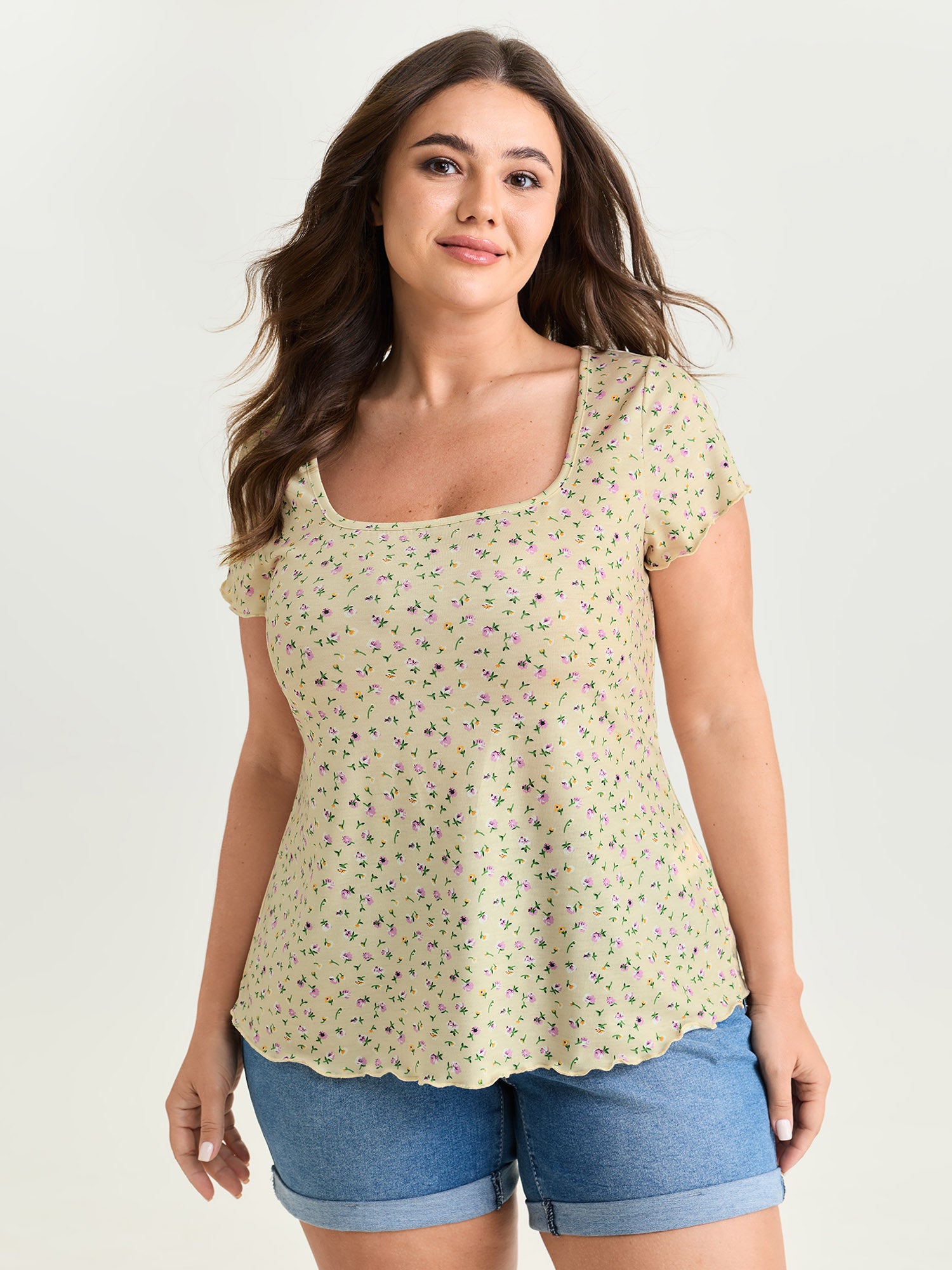 Stretchy Floral Print Square Neckline T-Shirt