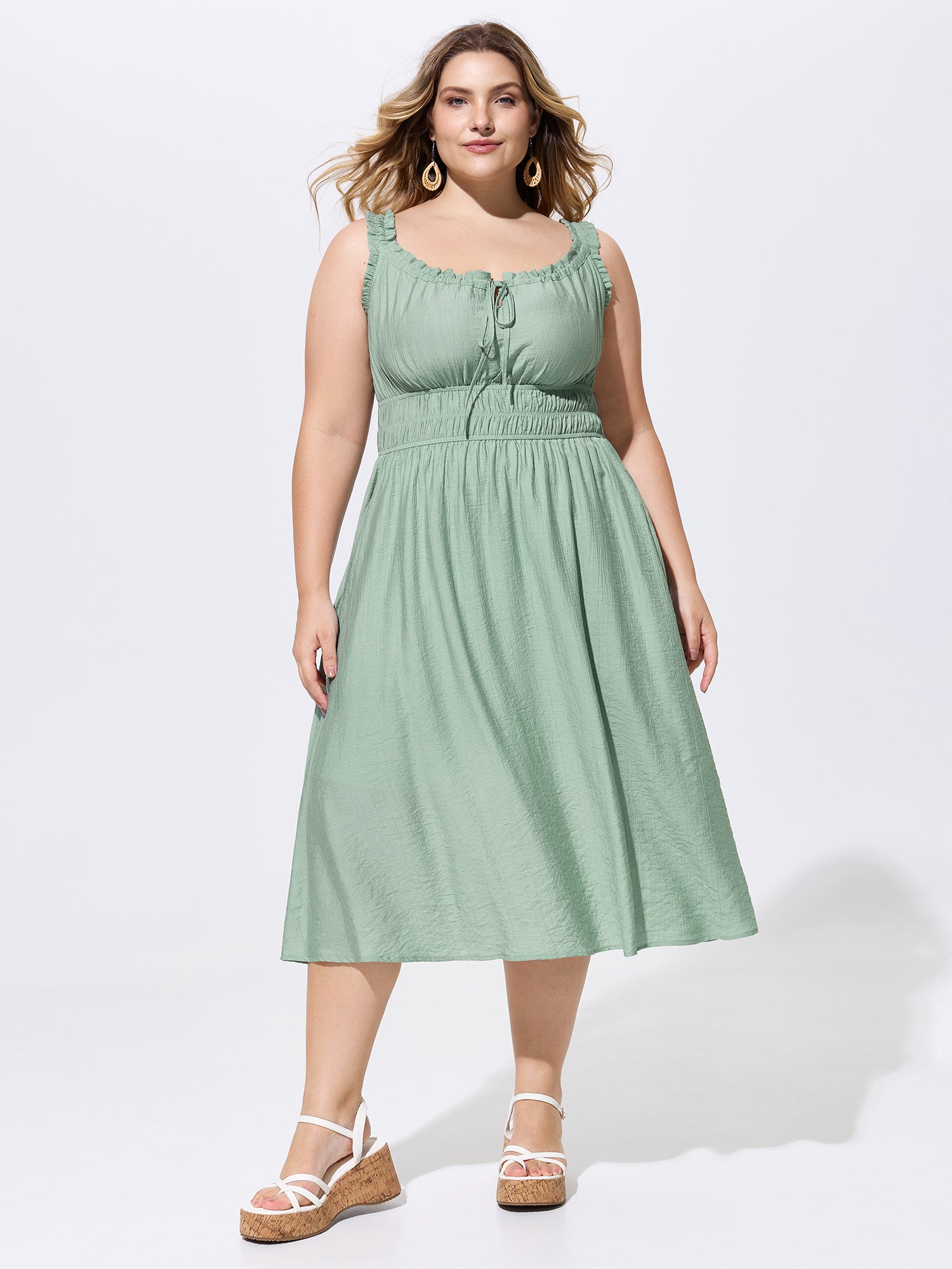 Linen Blend Adjustable Drawstring Neckline Midi Dress