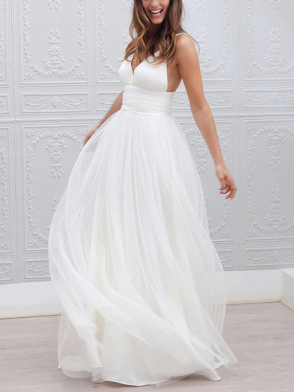 Charming A-Line V-Neck Sleeveless Tulle Floor-Length Wedding Dresses with Ruffles