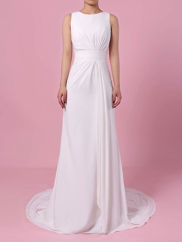 Stunning A-Line Jewel Sleeveless Chiffon Court Train Wedding Dresses