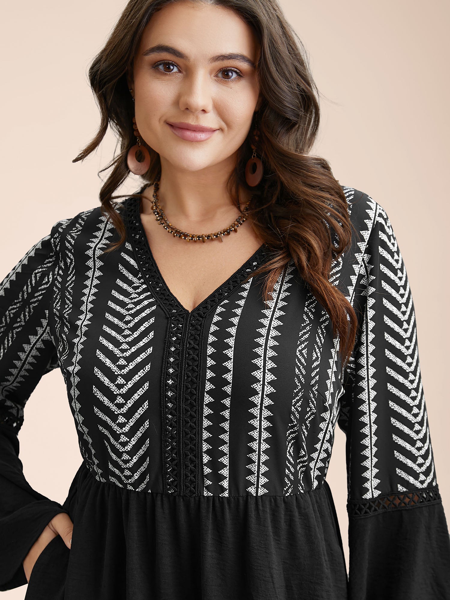Printed Color-Block Bell Sleeve Midi Dress