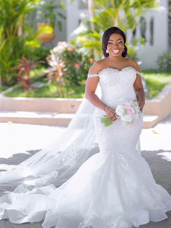 Stylish Trumpet Sweetheart Off-The-Shoulder Lace Court Train Wedding Dresses with Beading