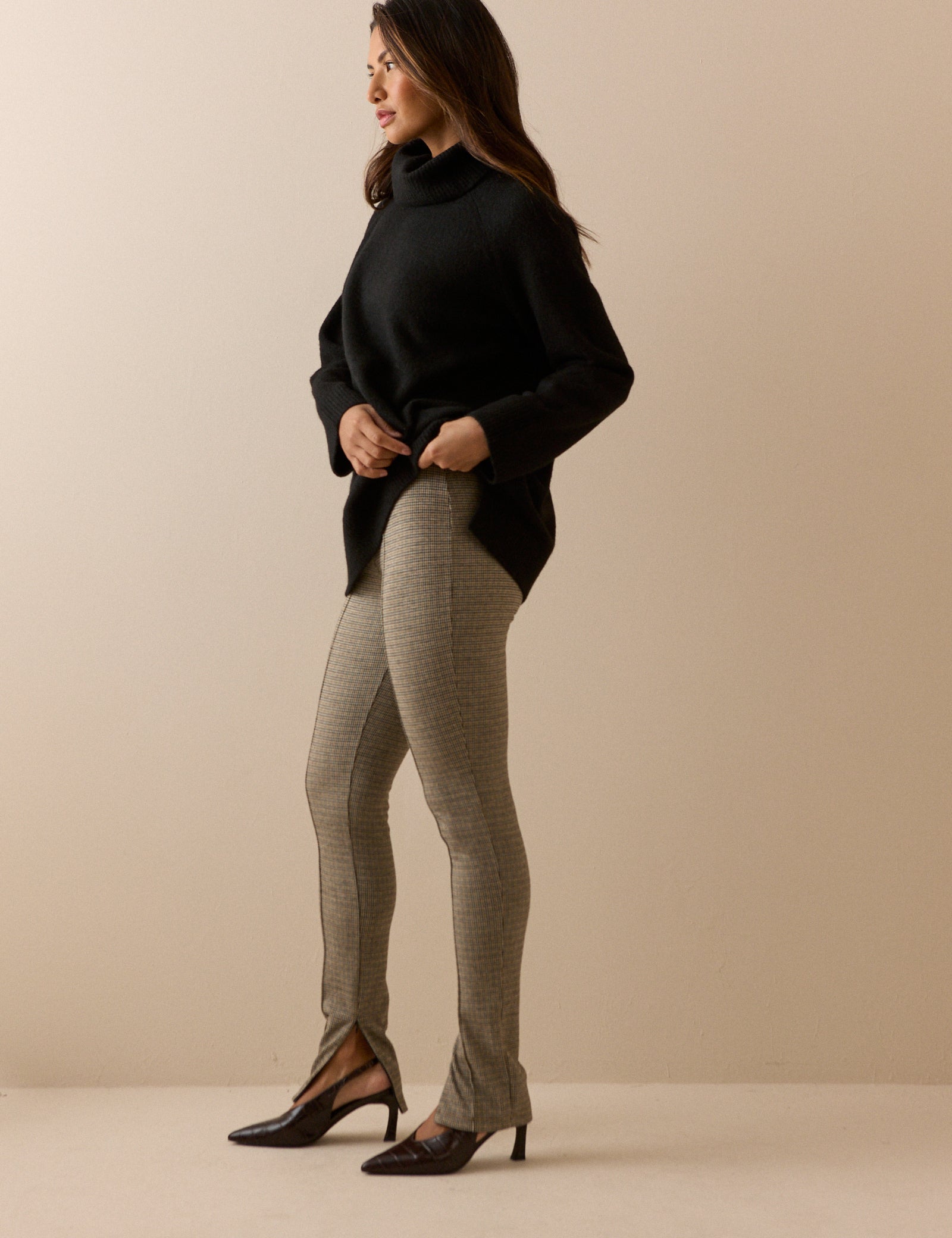 Herringbone Check Split Hem Zip Leggings