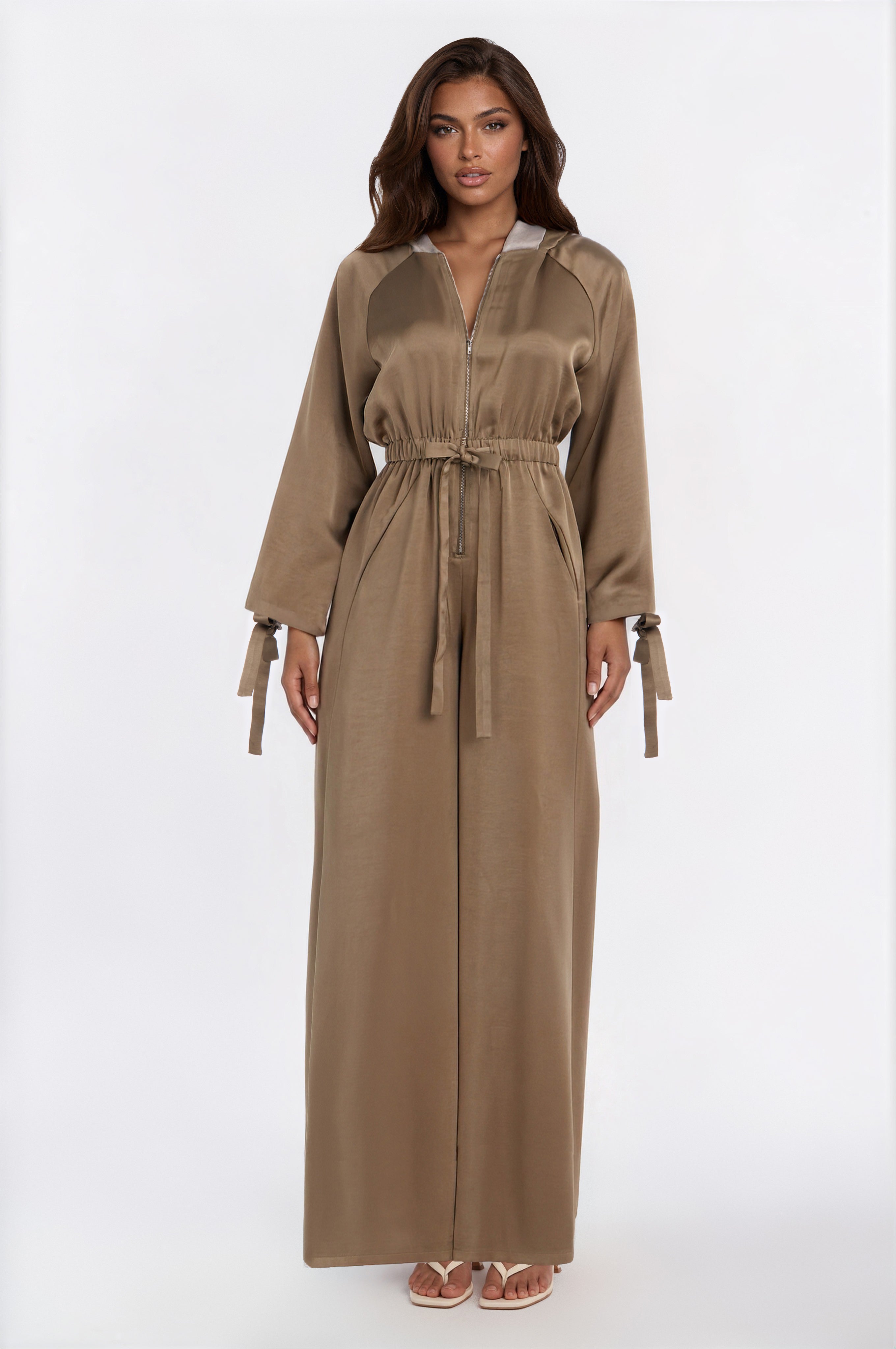 Natalia Hooded Satin Wide Leg Jumpsuit - Olive
