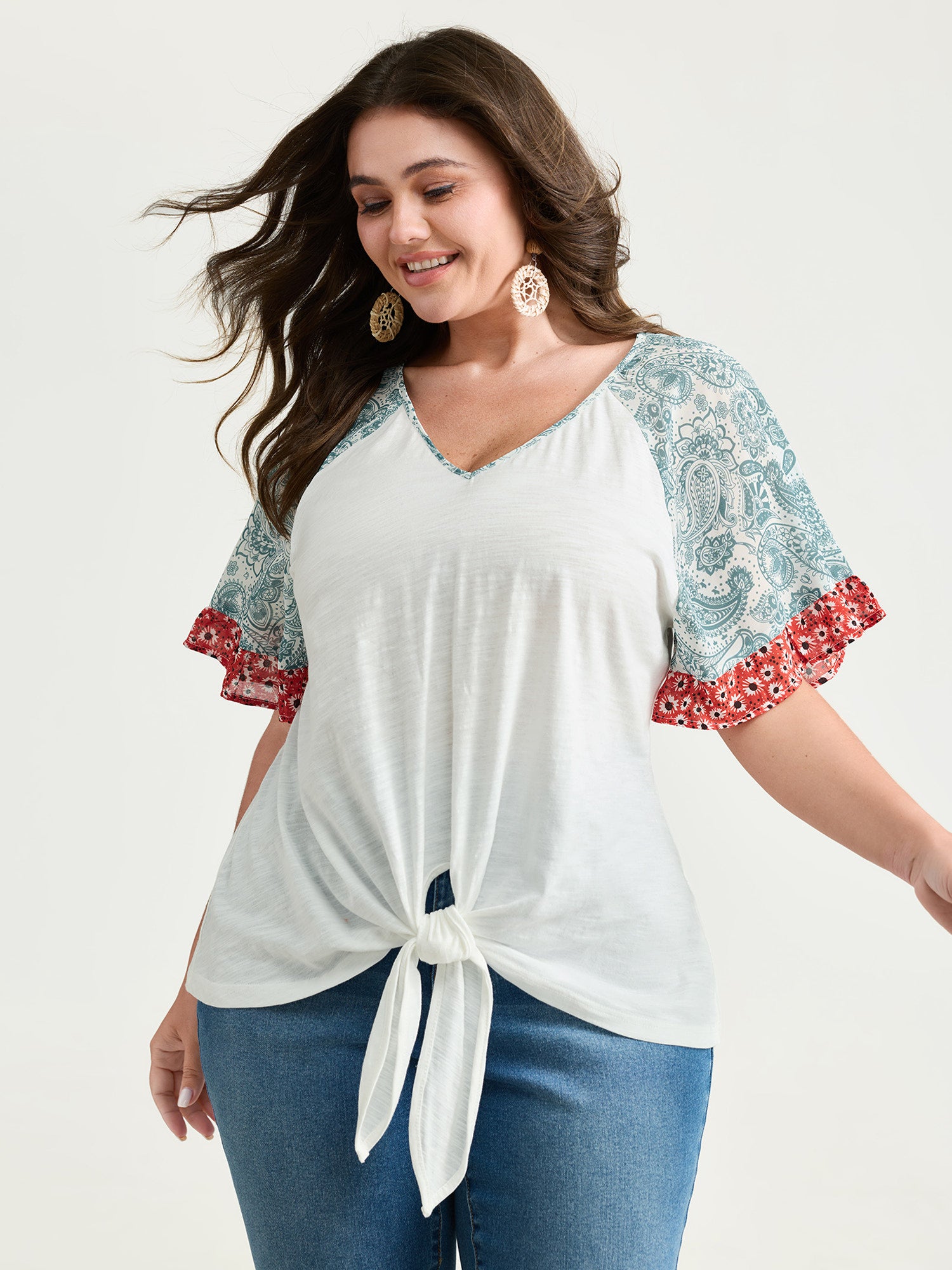 Pure Cotton Floral Sleeve Knotted T-Shirt