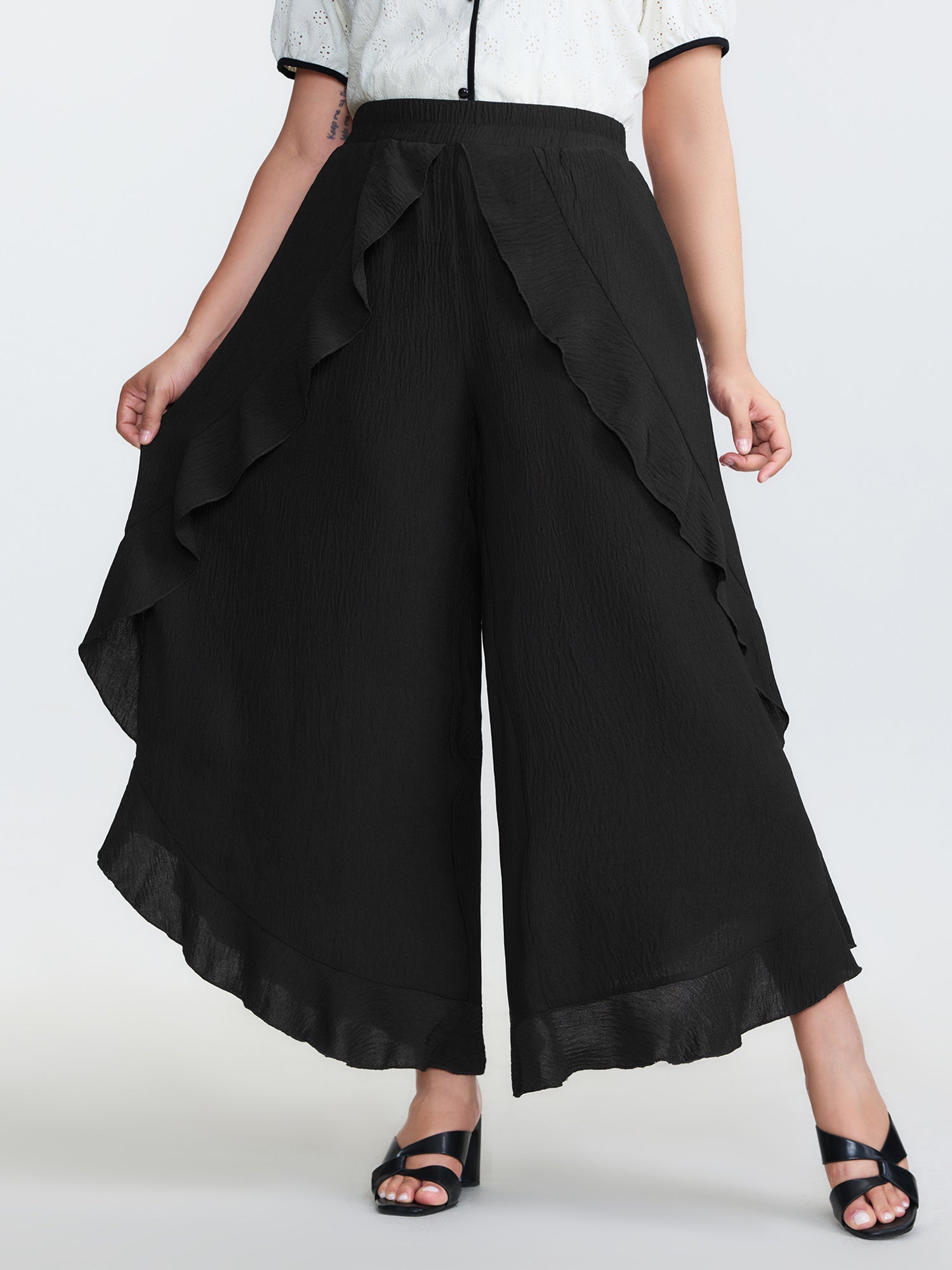 Stretchy Ruffled Trim Wide-Leg Pants
