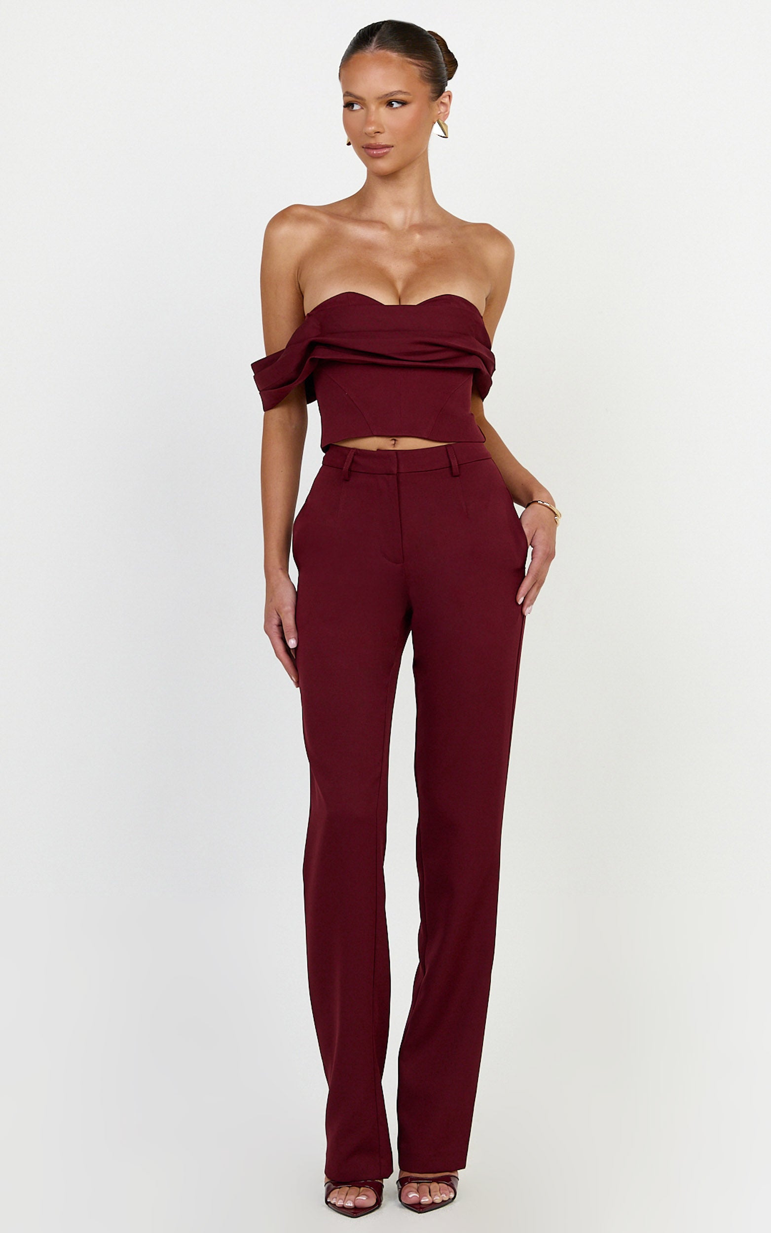 Zinnia Two Piece Top and Pants Set - Off Shoulder Top and Straight Leg Pants in Wine