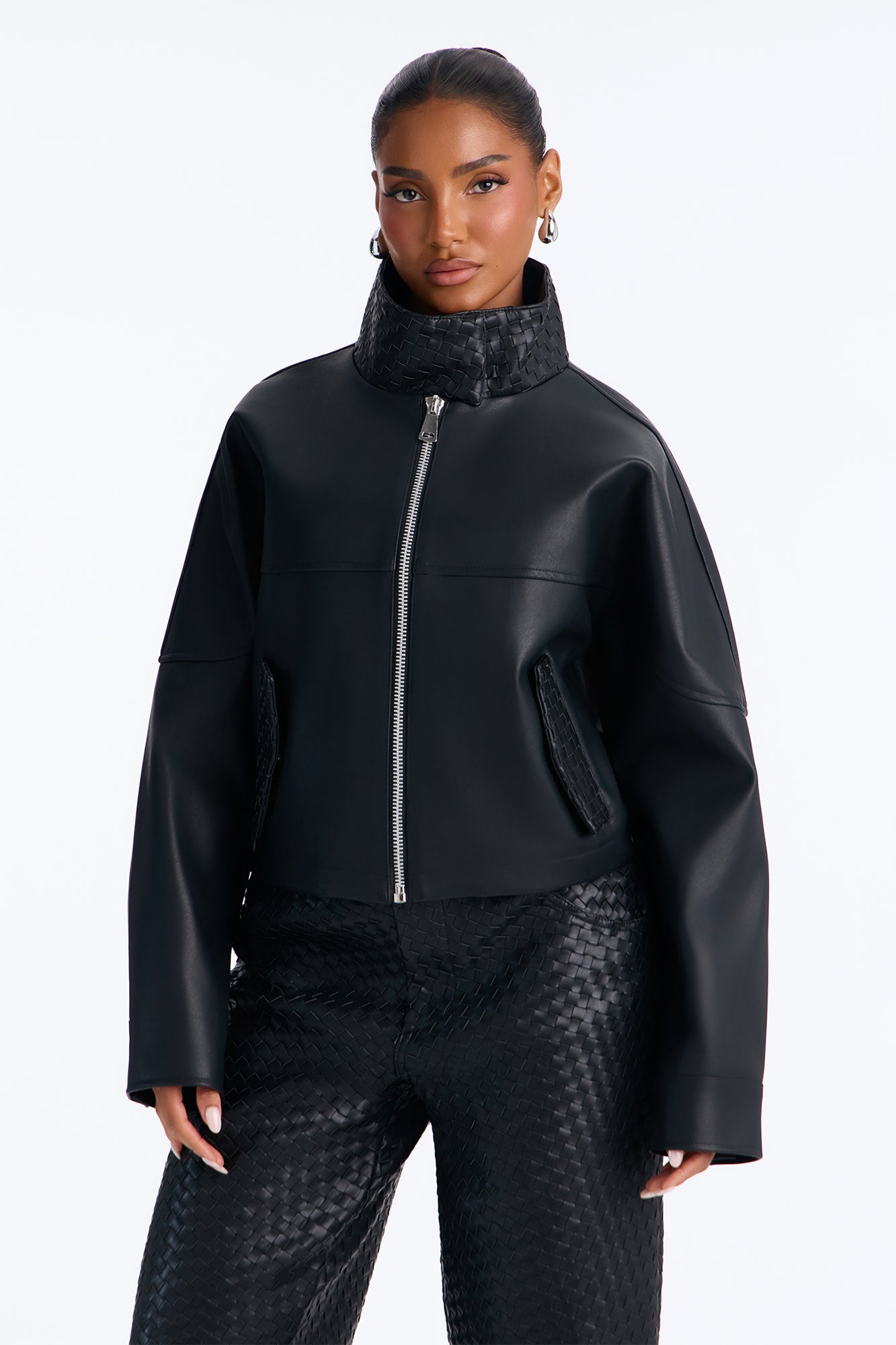 Sofia Faux Leather Woven Weave Funnel Neck Bomber - Black