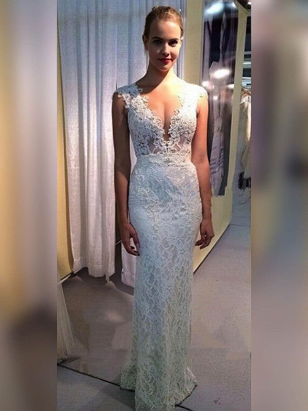 Charming Deep V-Neck Sleeveless Lace Floor-Length Sheath Wedding Dresses