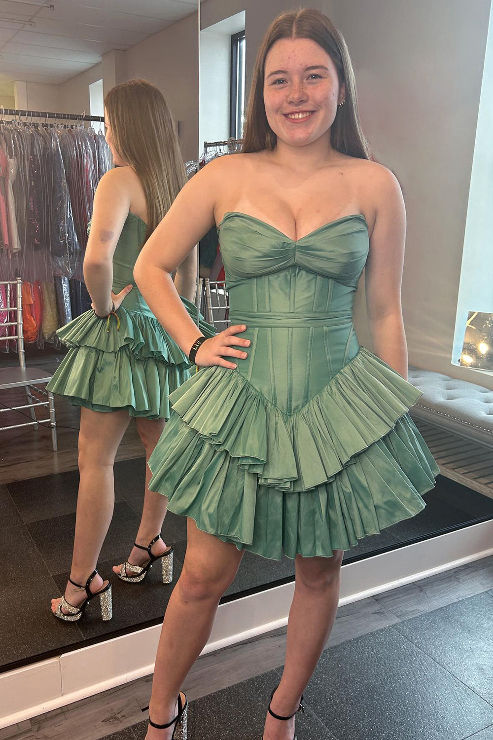 Green Corset Tiered Sweetheart A Line Short Homecoming Dress/Mini Dress