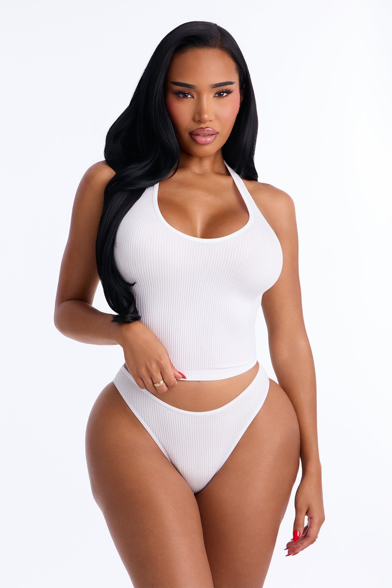 Seamless Ribbed Comfort Halter Bralette Top - White