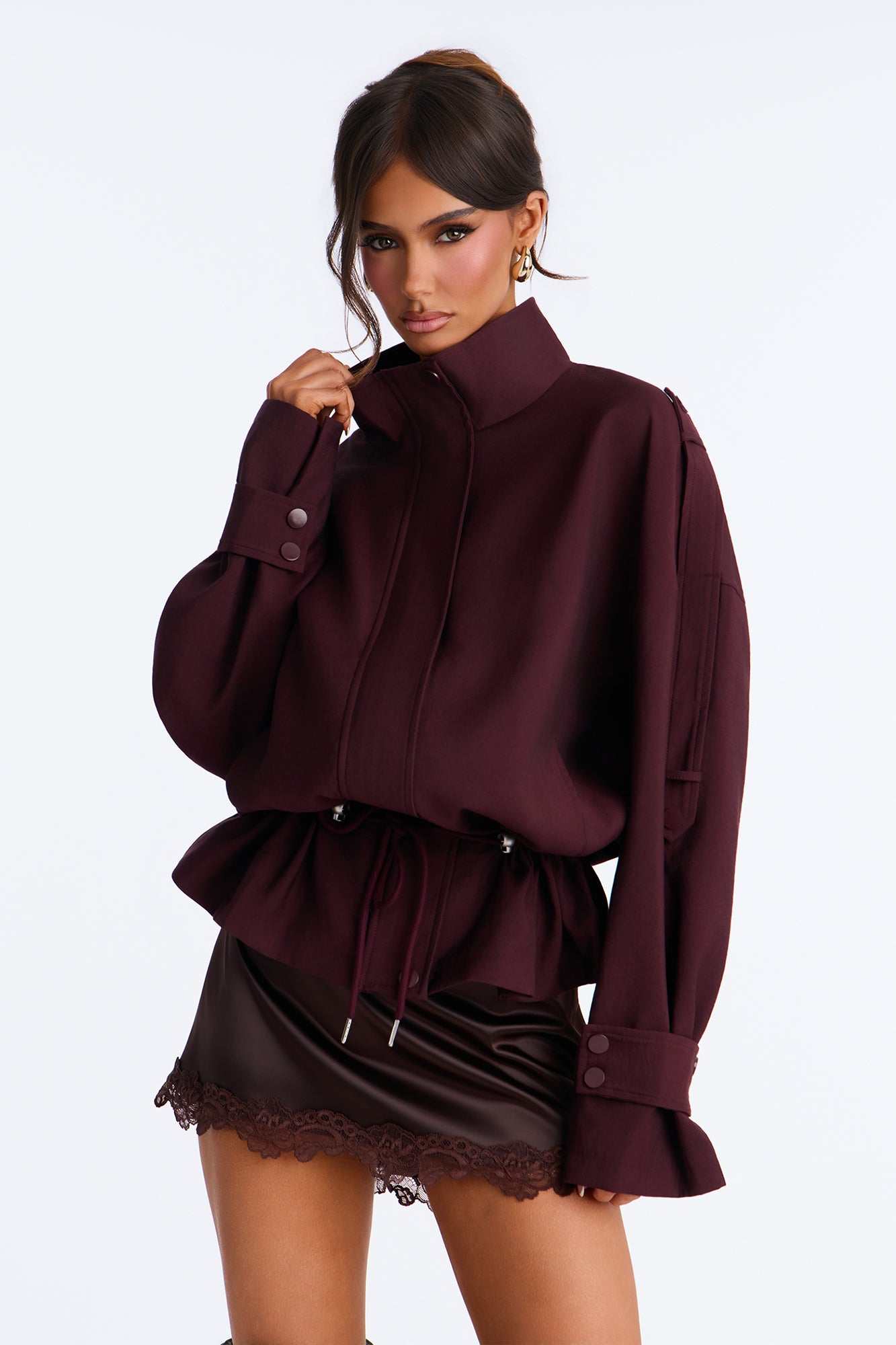 Sunday Stroll Twill Funnel Neck Jacket - Burgundy