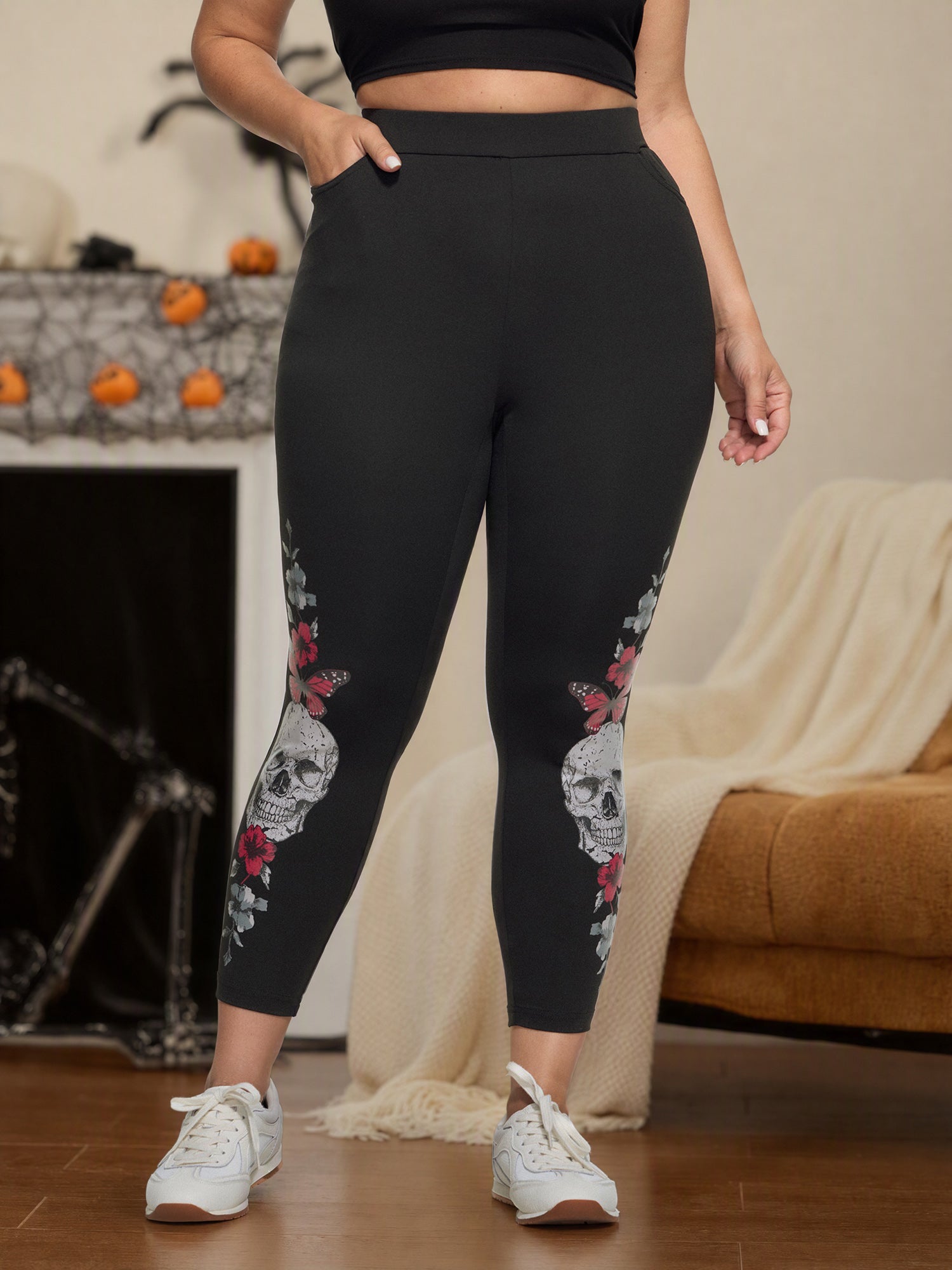 Stretch Gothic Skull Floral Butterfly Print Leggings