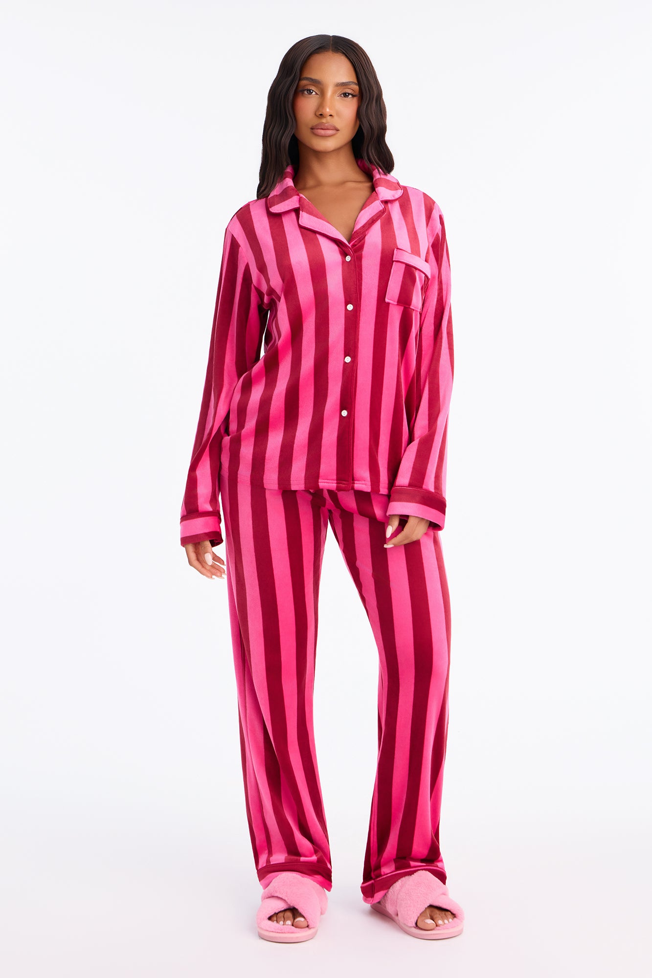 Taken Away Velour Stripe PJ Pant Set - Raspberry
