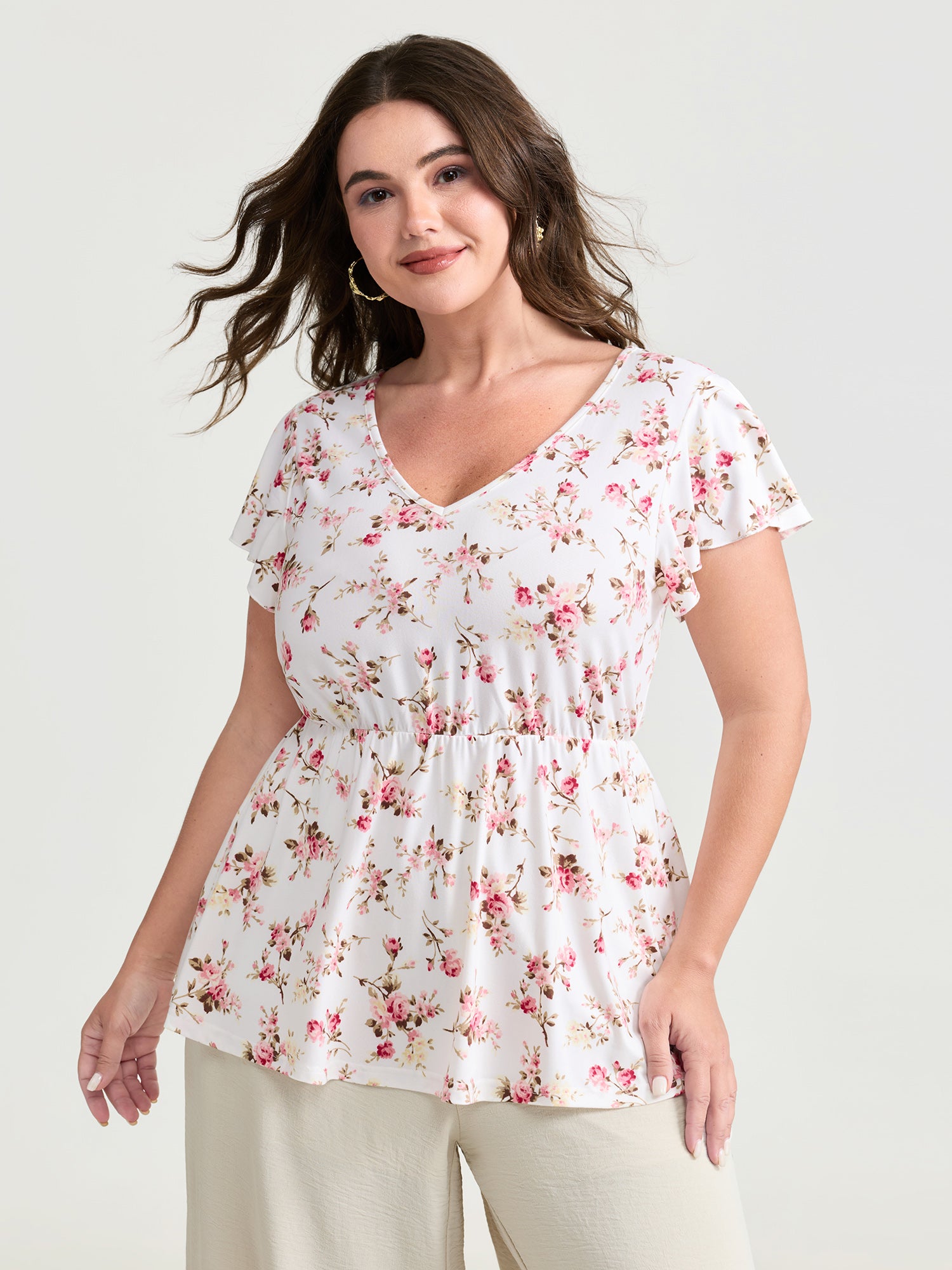 Cute Floral Print Stretchy Knit Top