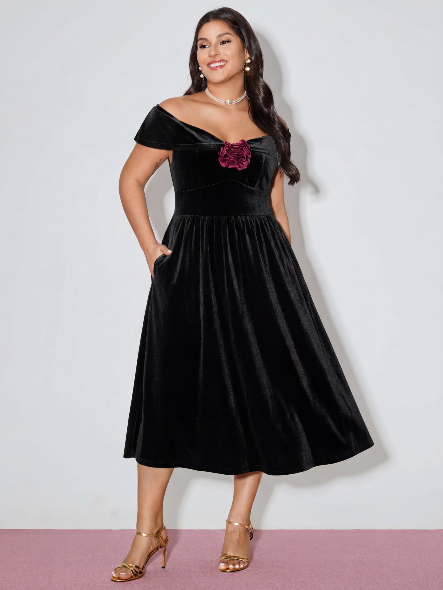 Off-Shoulder 3D Floral Detail Midi Dress