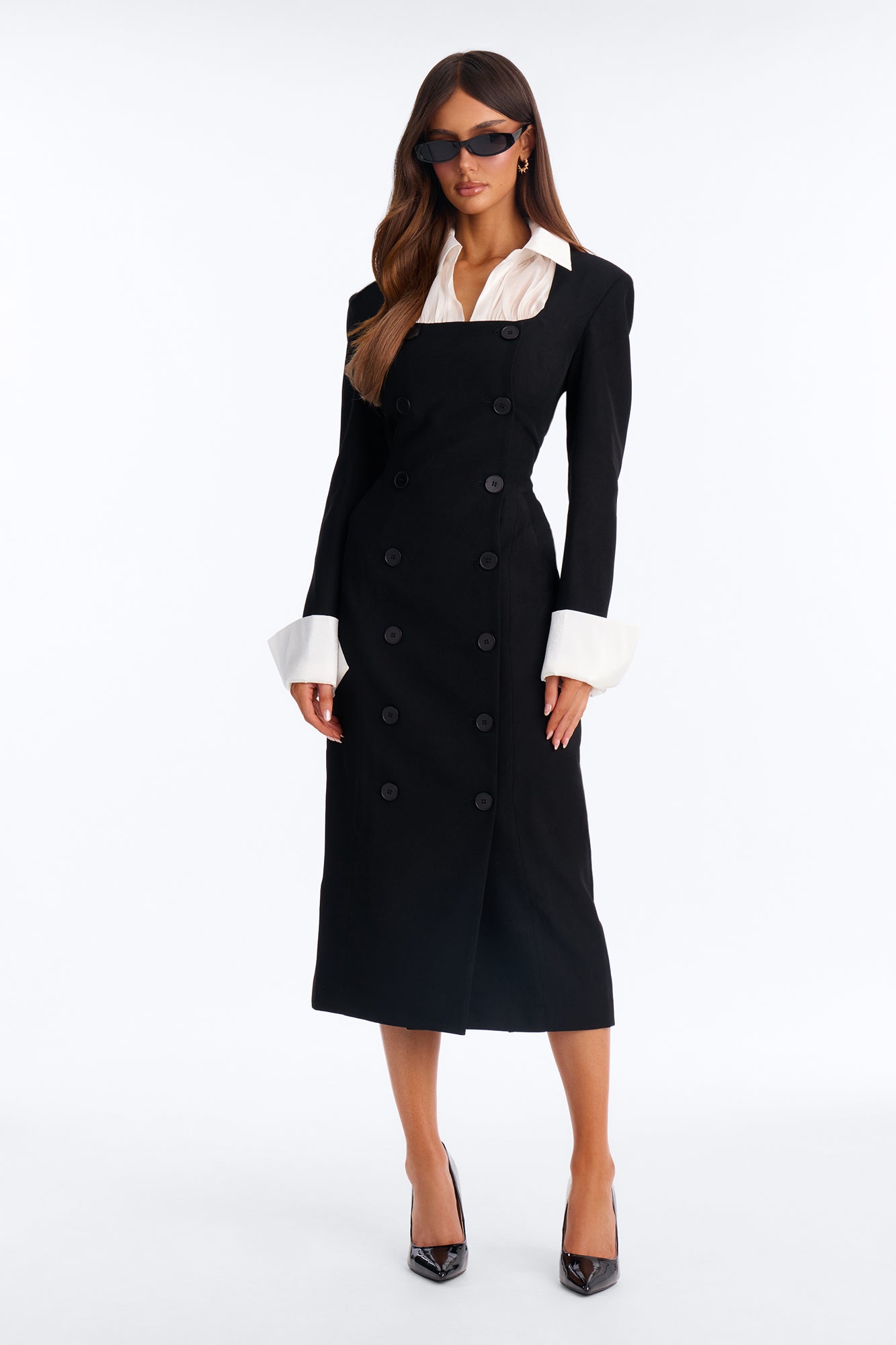 Business State Of Mind Crepe Long Sleeve Button Up Midi Dress - Black/White
