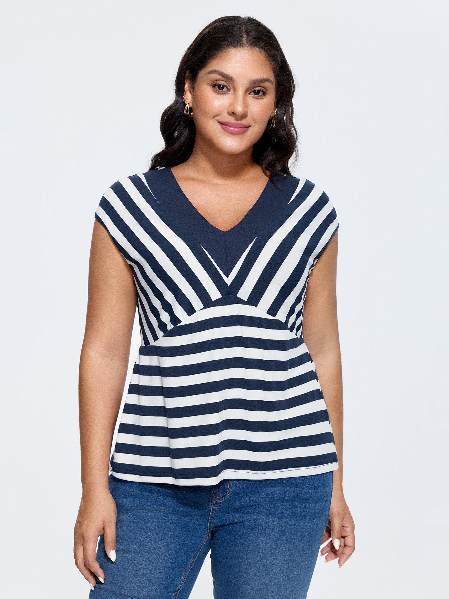 Cotton Striped Print Bustier V-Neck T-Shirt