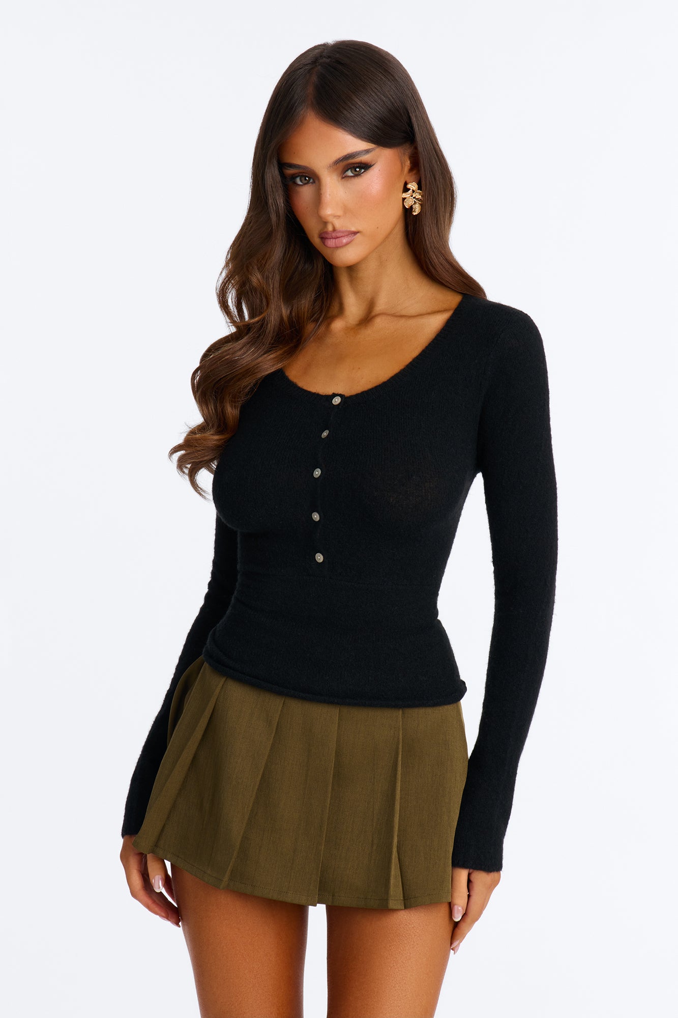 Bella Scoop Neck Long Sleeve Cardigan - Black