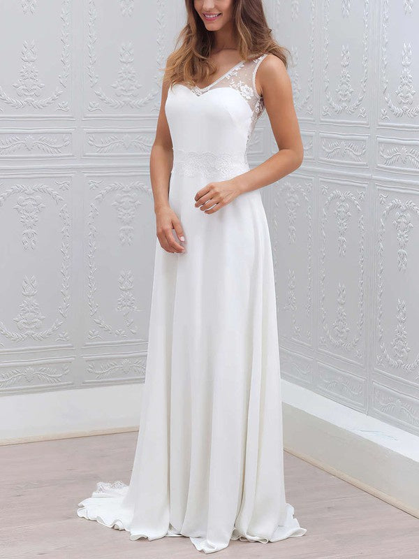 Charming Sweep Train A-Line V-Neck Sleeveless Lace Chiffon Wedding Dresses